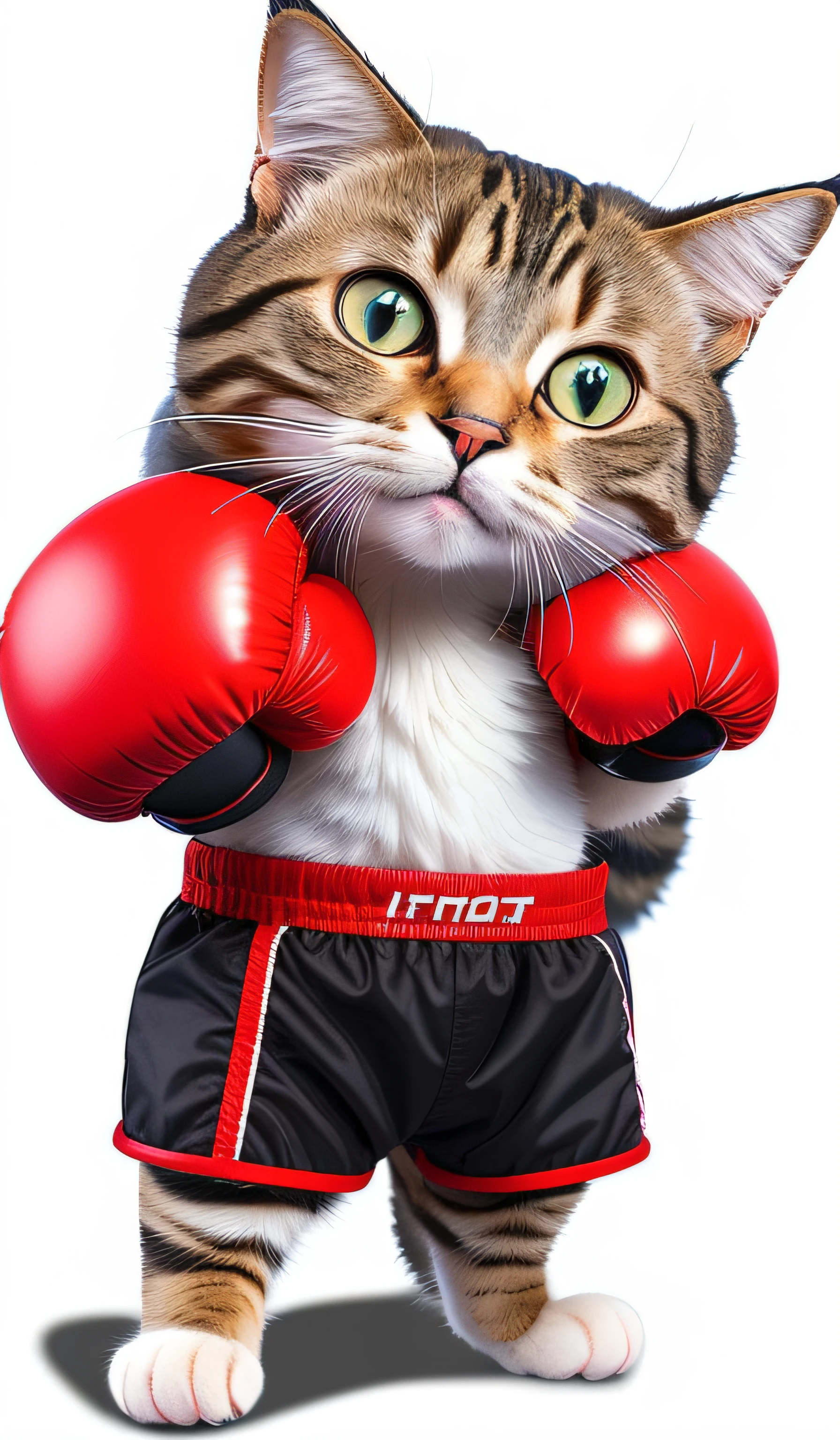 Alafeld cat wearing boxing gloves and a red shirt, in a fighting stance, boxing gloves, boxing, wearing vibrant boxing gloves, catss, in a fighting pose, anthropomorphic cat, Kickboxing, Meow, Boxing pose, angry cat, author:Melissa Benson, anime visual of a cute cat, cat design, boxer, in a boxing ring