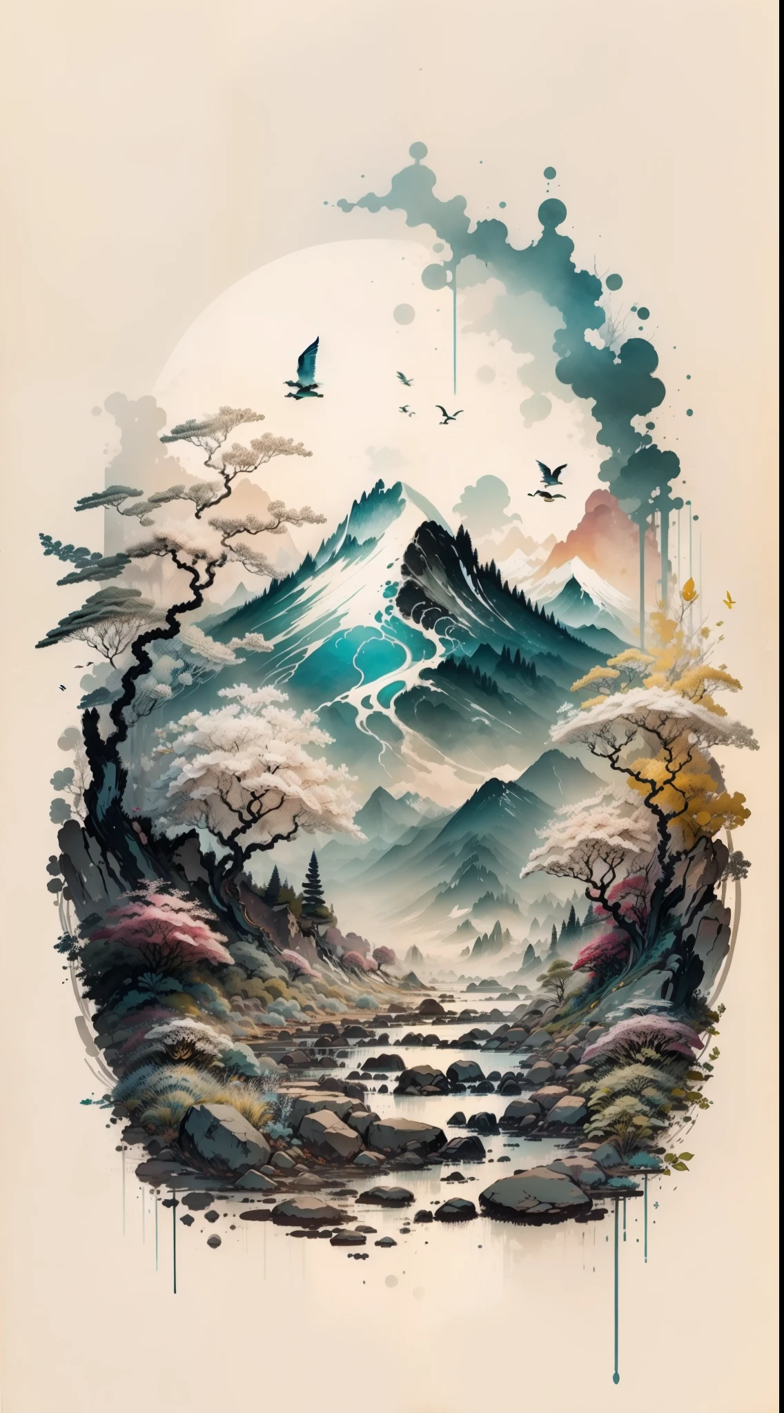 Flying white dove close-up, no human, tree and branches, sky, cloud, river, colorful, using 4K resolution, using simple and natural composition, presenting a fresh and vulgar natural style. realistic (:nature:) (hopeful feeling)(peace) butterfly, intricate details, inspired by Alfonse Mucha, mucha style, flat cel shading mucha, flowing tulle, light silk, ink painting style, clean color, decisive cutting, blank, freehand, masterpiece, super detailed, epic composition, high quality, the highest quality, 4k