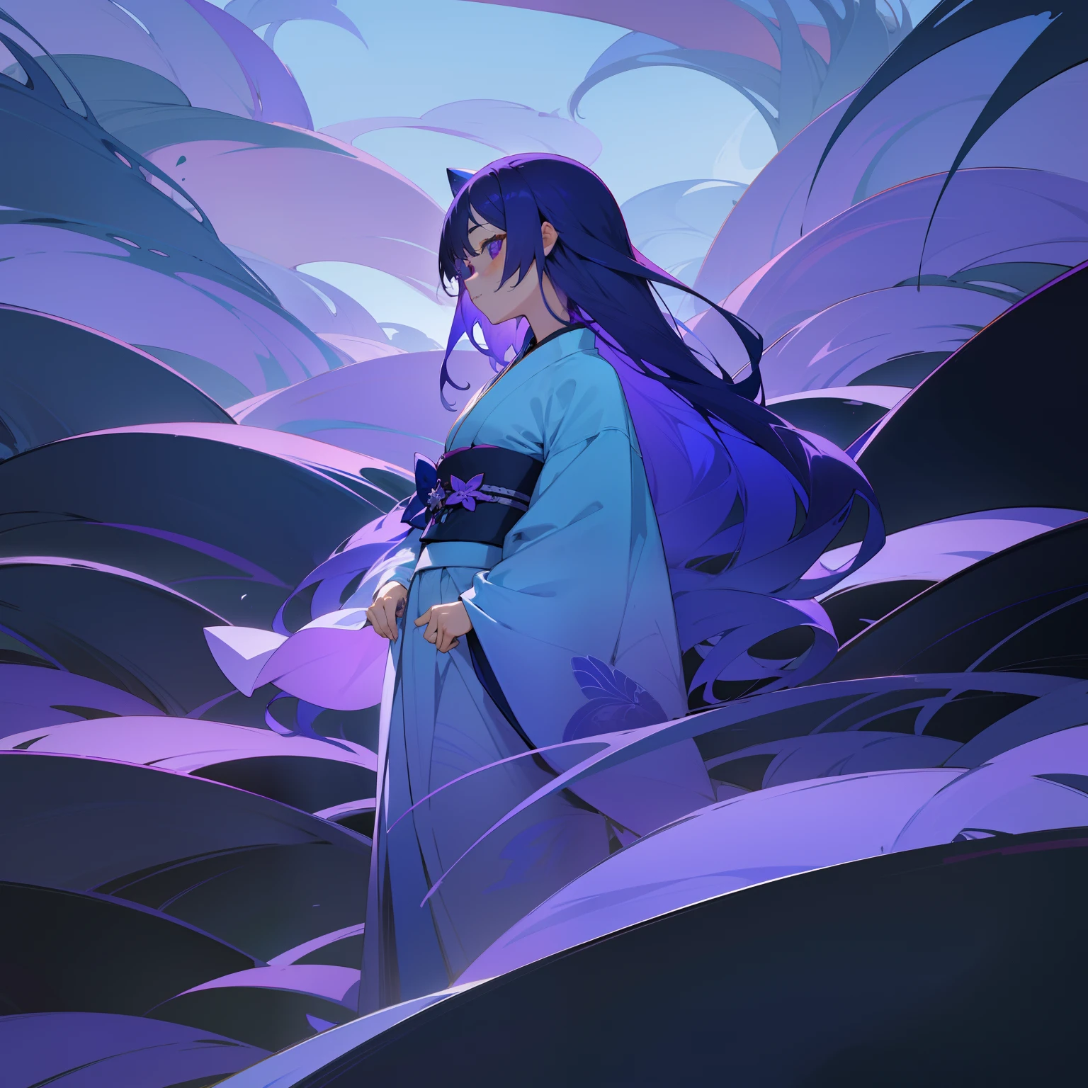 In a beautiful and aesthetic landscape、One girl standing。Her hair shines in colorful purple and blue colors、She wears a kimono of the same color tone.。Violets bloom around her、The figure gives off a deep atmosphere.。Her very existence、Makes you feel a little happiness and a fantastic world。