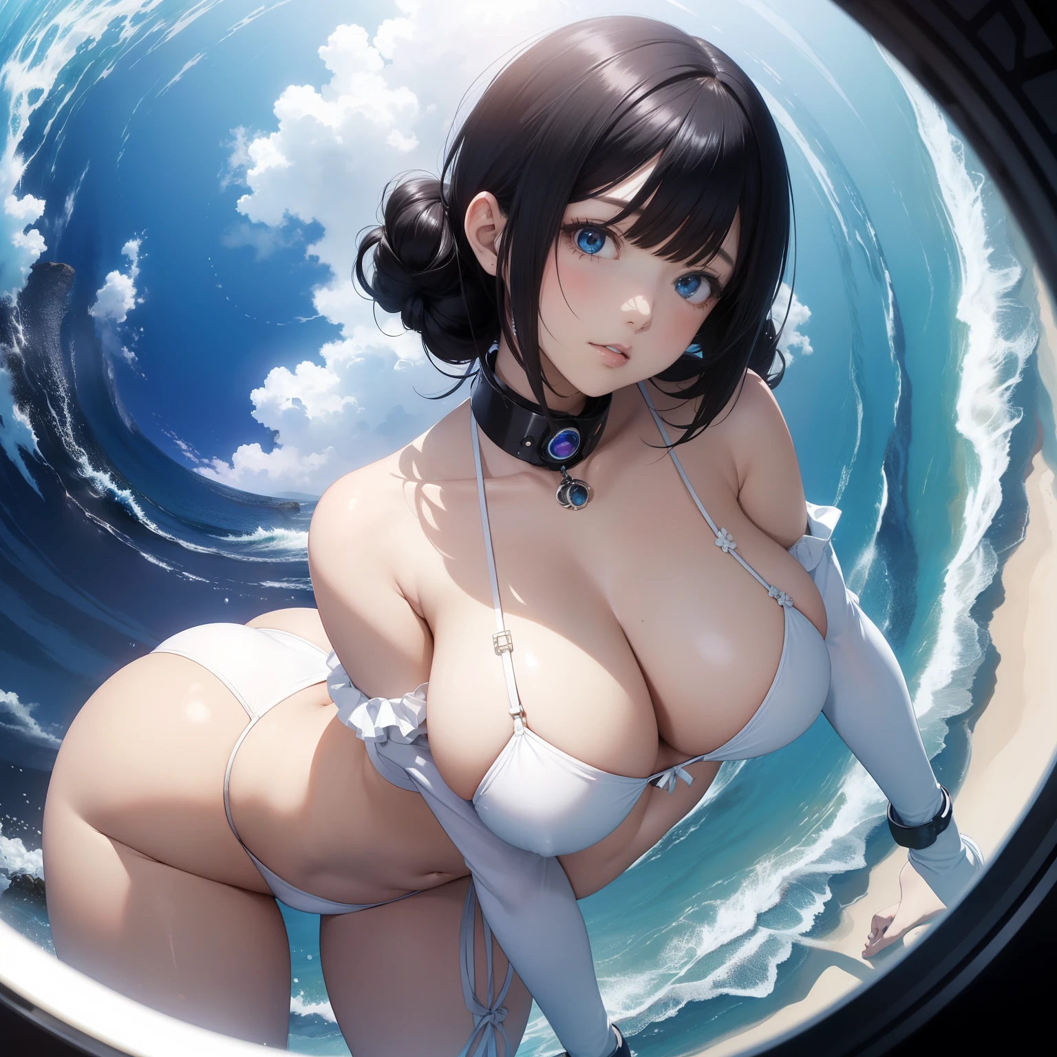 Margaret Tarrant Anime wondrous strange Whimsical Sci-Fi Fantasy Many large and small spheres White Bikini Ultra Micro Bikini Schoolgirl Japanese high school girl, Beautiful girls big breasts big ass, hyper detailed high resolution masterpiece close up to girl, solo girl, black hair