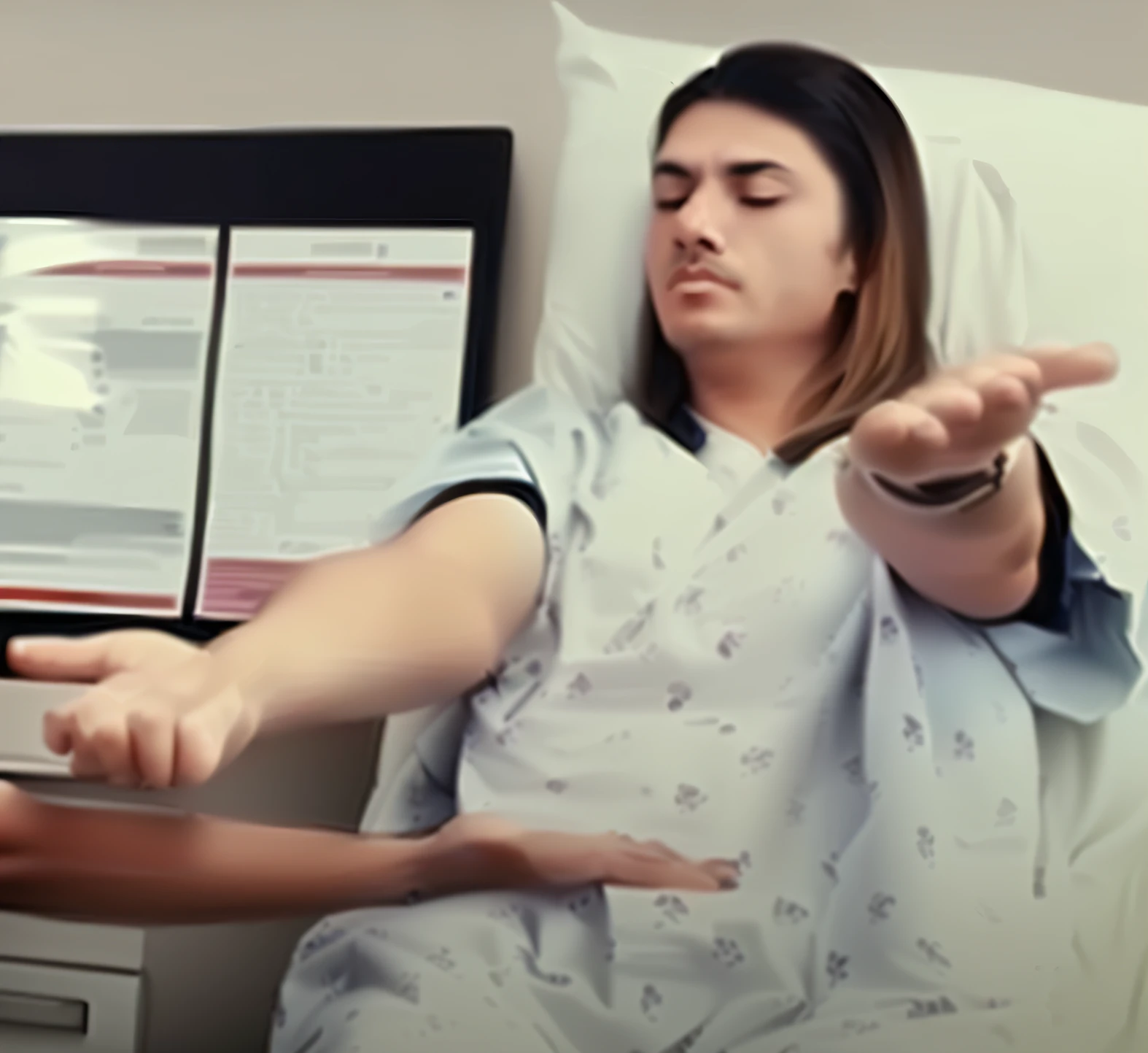 Straighten your hands,One hand high,One hand low,A man in the hospital,sit on a bed,