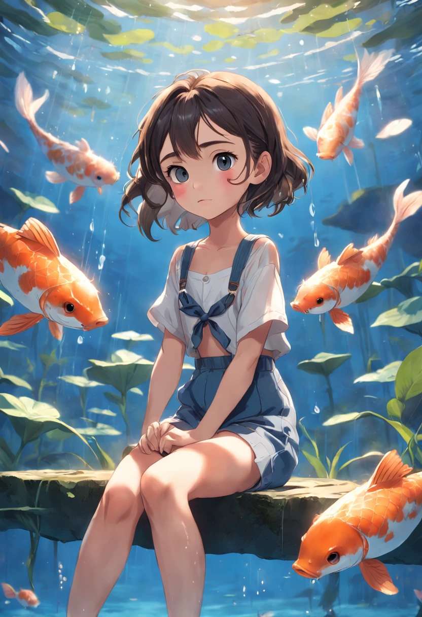 movie picture quality，Disney animation，Disney animated films，****** girl sitting on a koi swimming in the clouds of the sky，Short hair and small braids，Denim suspenders，The barefoot，depth of fields，high light，Real light，Ray traching，oc rendered，Hyper-realistic，best qualtiy，8K，Works of masters，super-fine，Detailed pubic hair，Correct anatomy，sharp focus on eyes，Bokeh，Facial features are carefully depicted