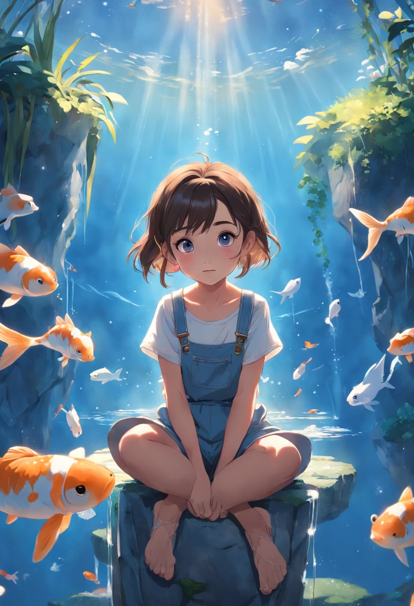 movie picture quality,Disney animation,Disney animated films, girl sitting on a koi swimming in the clouds of the sky,Short hair and small braids,Denim suspenders,The barefoot,depth of fields,high light,Real light,Ray traching,oc rendered,Hyper-realistic,best qualtiy,8K,Works of masters,super-fine,Detailed pubic hair,Correct anatomy,sharp focus on eyes,Bokeh,Facial features are carefully depicted