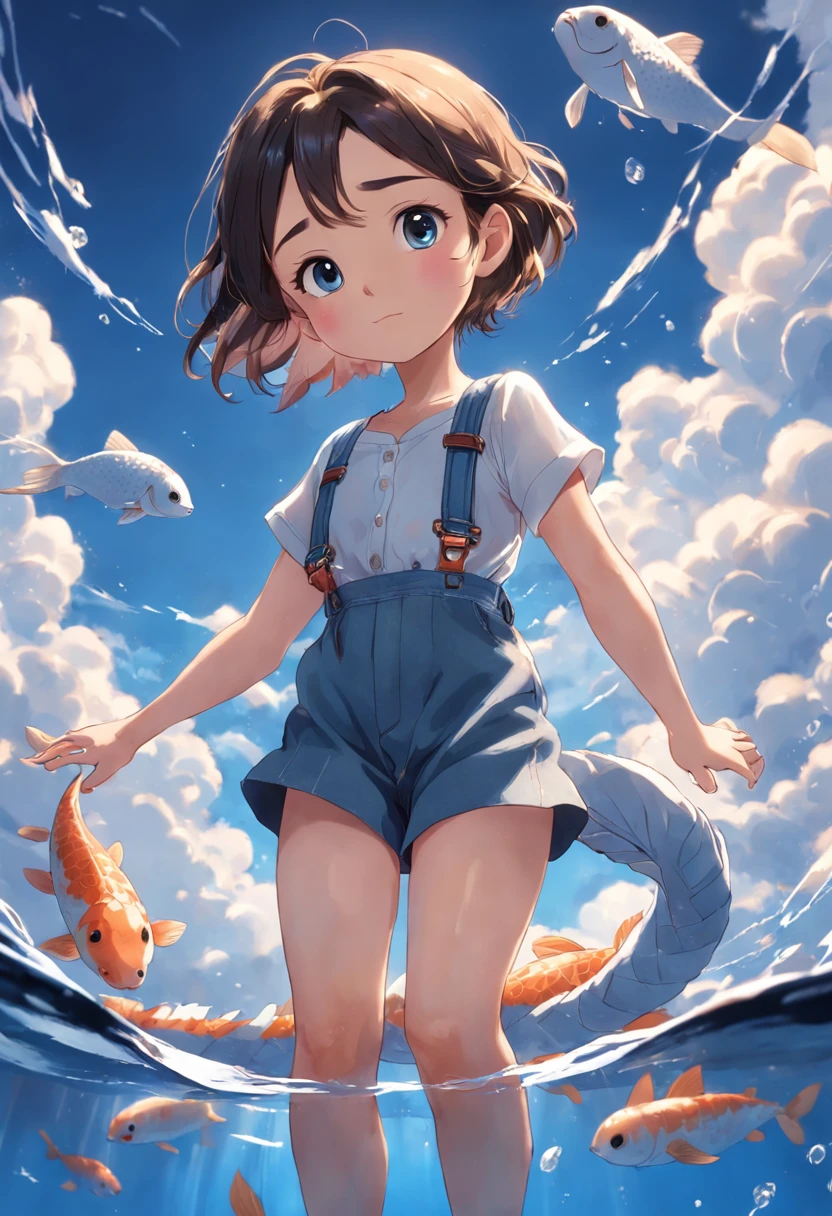 movie picture quality,Disney animation,Disney animated films, girl sitting on a koi swimming in the clouds of the sky,Short hair and small braids,Denim suspenders,The barefoot,depth of fields,high light,Real light,Ray traching,oc rendered,Hyper-realistic,best qualtiy,8K,Works of masters,super-fine,Detailed pubic hair,Correct anatomy,sharp focus on eyes,Bokeh,Facial features are carefully depicted
