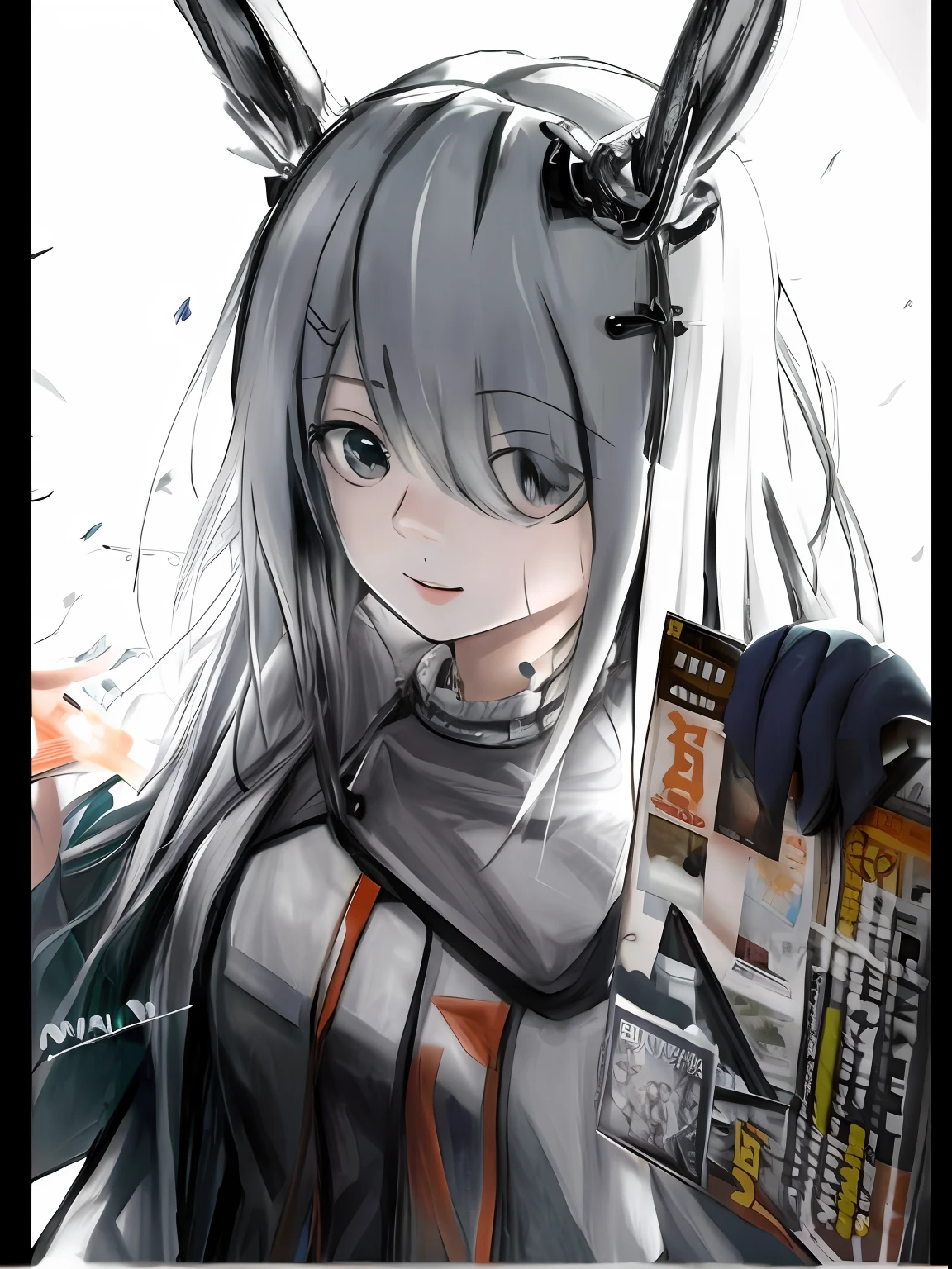 long hair anime girl,Holding a magazine in his hand, Lie down in bed