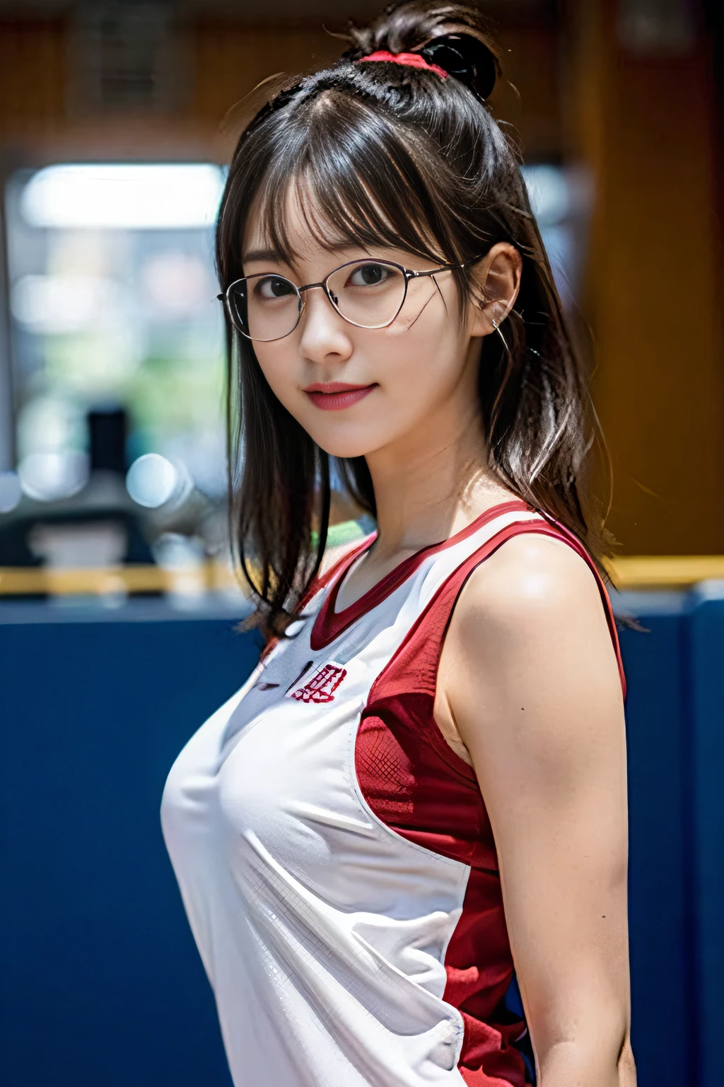 (8K、Raw photography、top-quality、​masterpiece:1.2)、(realisitic、Photorealsitic:1.37)、ultra-detailliert、超A high resolution、女の子1人、see the beholder、beautifull detailed face、Smile like a girl、Constriction、(Slim waist) :1.3)、white  clothes、Beautiful detailed skin、Skin Texture、Floating hair、Professional Lighting、suburb、Square glasses with black rimming   、Whole human body、Brown hair、Volleyball player、Volleyball uniform、(Black hair:1)、(huge-breasted:1.2)、((Gymnasium))、stadio