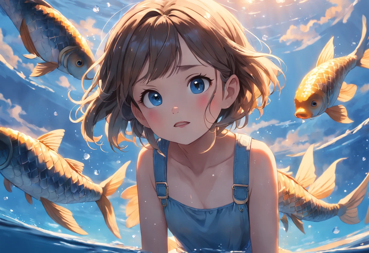 movie picture quality，Disney animation，Disney animated films，Little girl sitting on a koi swimming in the clouds of the sky，Short hair and small braids，Denim suspenders，The barefoot，depth of fields，high light，Real light，Ray traching，oc rendered，Hyper-realistic，best qualtiy，8K，Works of masters，super-fine，Detailed pubic hair，Correct anatomy，sharp focus on eyes，Bokeh，Facial features are carefully depicted