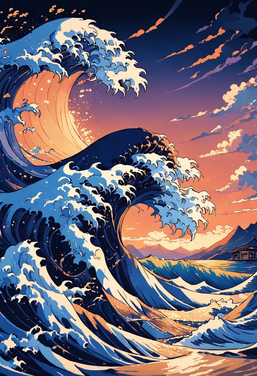 Repeat up, 、hokusai style, style of hokusai, ukiyoe painting,Mosaic is strong、Pixel art、Artistically、The Great Wave of Kamikawa