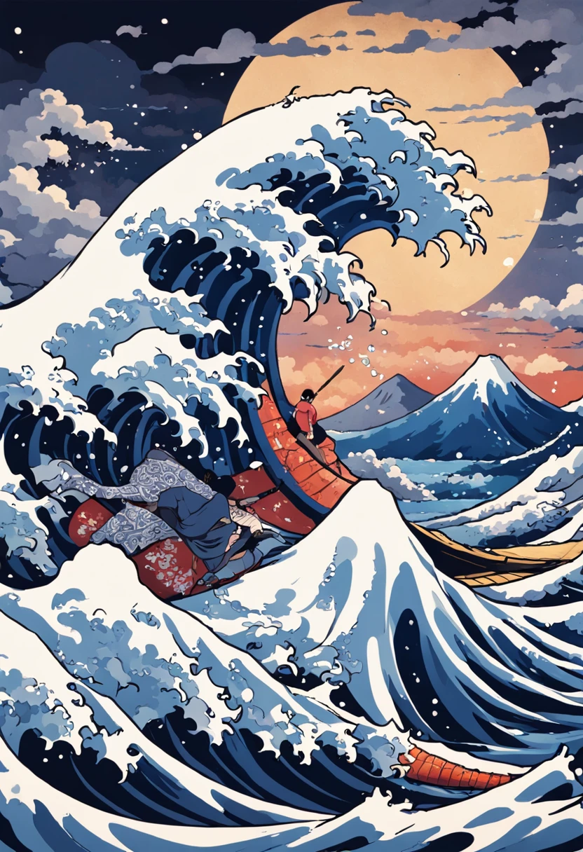 Repeat up, 、hokusai style, style of hokusai, ukiyoe painting,Mosaic is strong、Pixel art、Artistically、The Great Wave of Kamikawa