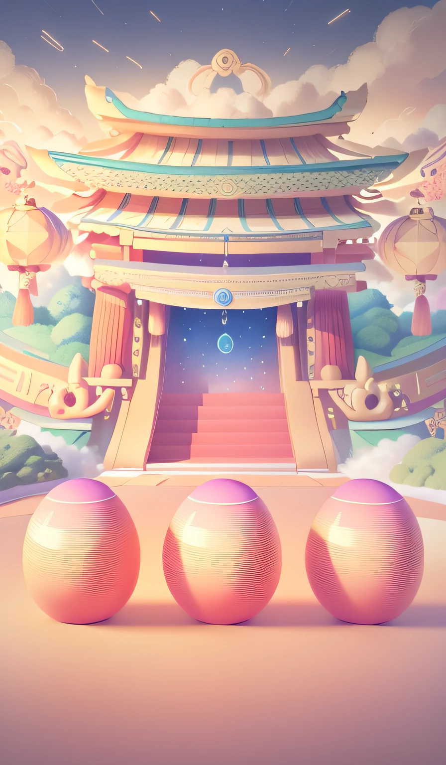 The festive stage is in the middle,3 golden eggs,Surrounded by auspicious clouds,New Year atmosphere,The Gate of China,pillar,Background bokeh,ancient buildings of China,Lanterns,Greenery,blue-sky