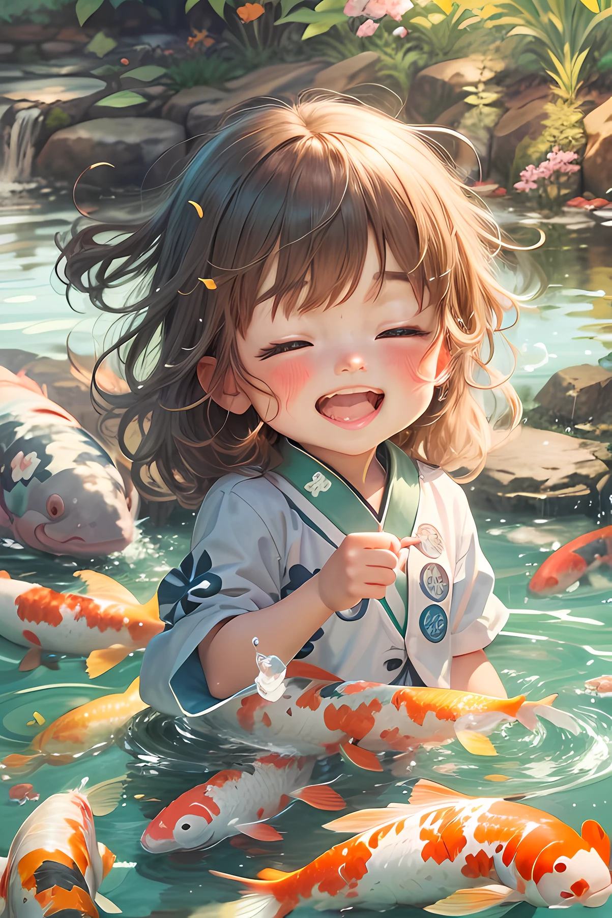 happy ???, feeding koi fish, bright day, natural light, japanese pond, anime, splashing water