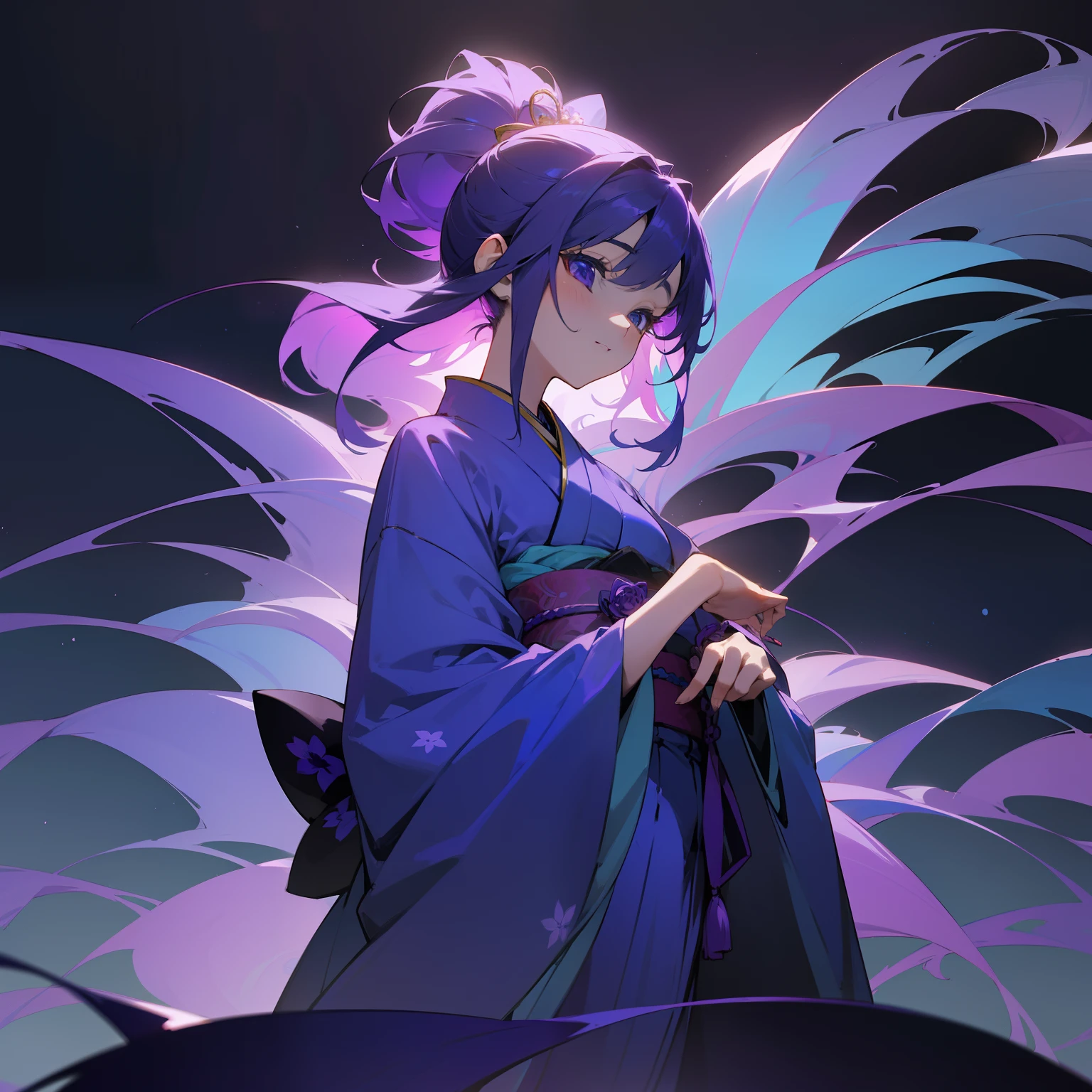In a beautiful and aesthetic landscape、One girl standing。Her hair shines in colorful purple and blue colors、She wears a kimono of the same color tone.。Violets bloom around her、The figure gives off a deep atmosphere.。Her very existence、Makes you feel a little happiness and a fantastic world。