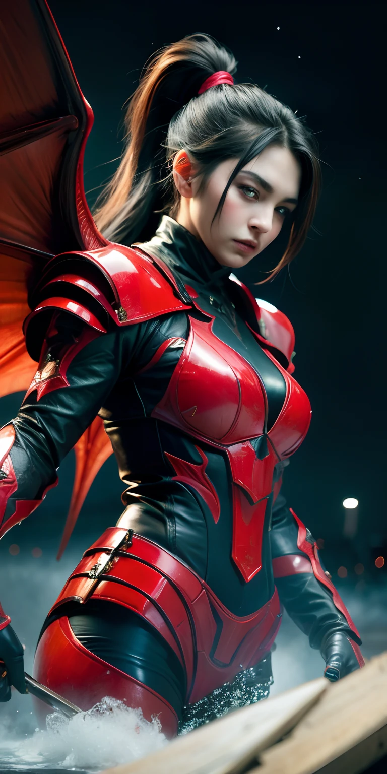 Fine, (Best Illustration), 8k Resolution, Intricate Details, Best Quality, Realistic, Ultra Detailed, Best Lighting, Best Shadows, Ultra HD, A Necromancer, Night, Magic, Dark Style, Vampire, Bat wings, shining red eyes, masterpiece, high_res, Beautiful face, tyndall effect, photo realistic, (high detailed skin:1.2), 8k uhd, dslr, high quality, Photograph, high resolution, 4k, 8k, Bokeh, medium breasts, absurdres, ponytail contorted, best ratio four finger and one thumb,