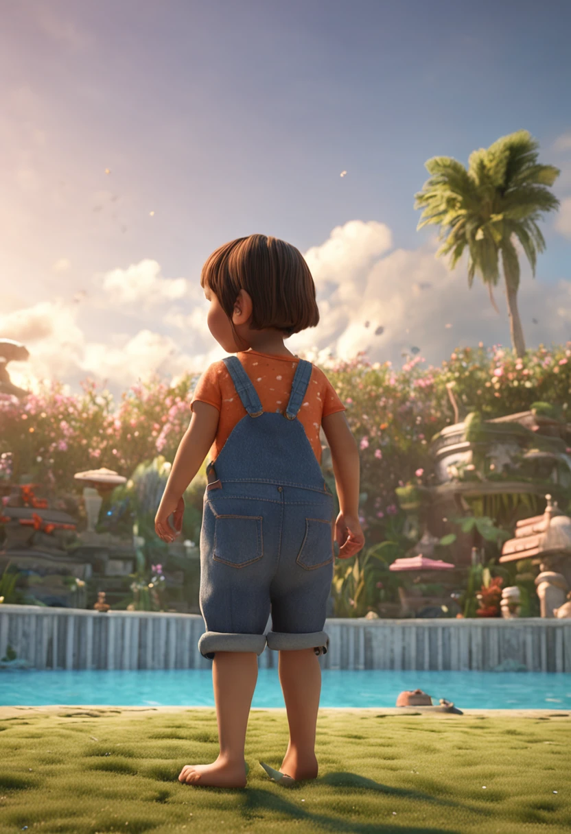 movie picture quality，Disney animation，Disney animated films，Chubby  girl sitting on a koi swimming in the sky，Short hair and small braids，Denim suspenders，The barefoot，depth of fields，high light，Real light，Ray traching，oc rendered，Hyper-realistic，best qualtiy，8K，Works of masters，super-fine，Detailed pubic hair，Correct anatomy，sharp focus on eyes，Bokeh，Facial features are carefully depicted