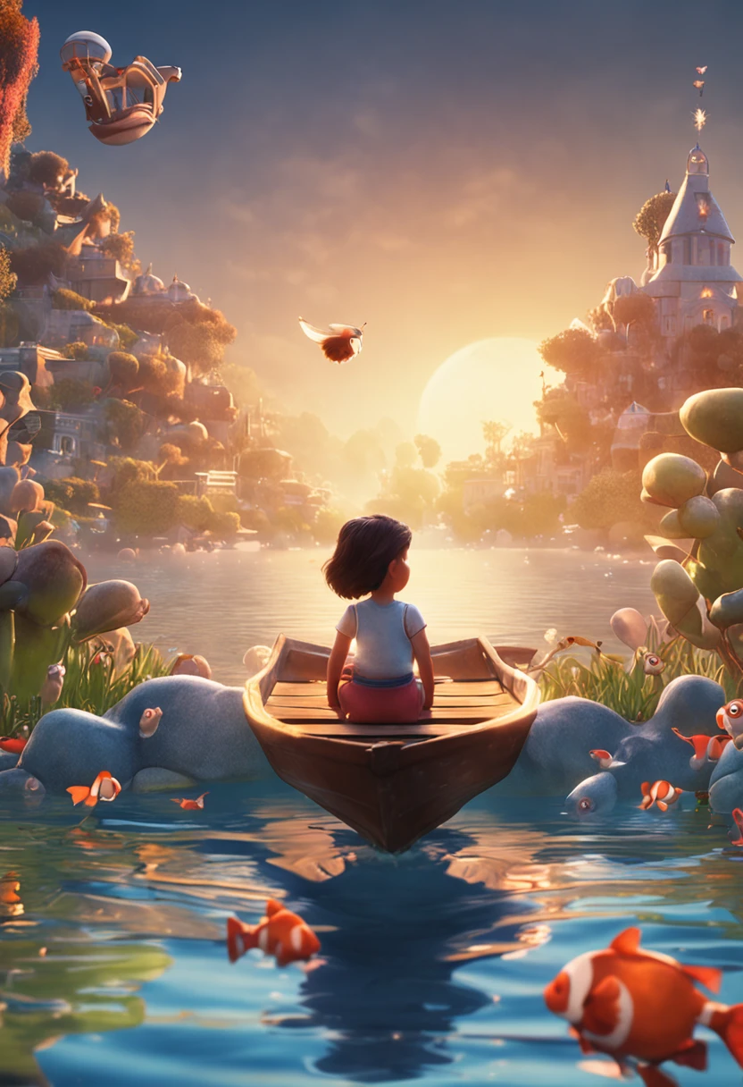 movie picture quality,Disney animation,Disney animated films,Chubby little girl sitting on a koi swimming in the sky,Short hair and small braids,Denim suspenders,The barefoot,depth of fields,high light,Real light,Ray traching,oc rendered,Hyper-realistic,best qualtiy,8K,Works of masters,super-fine,Detailed pubic hair,Correct anatomy,sharp focus on eyes,Bokeh,Facial features are carefully depicted