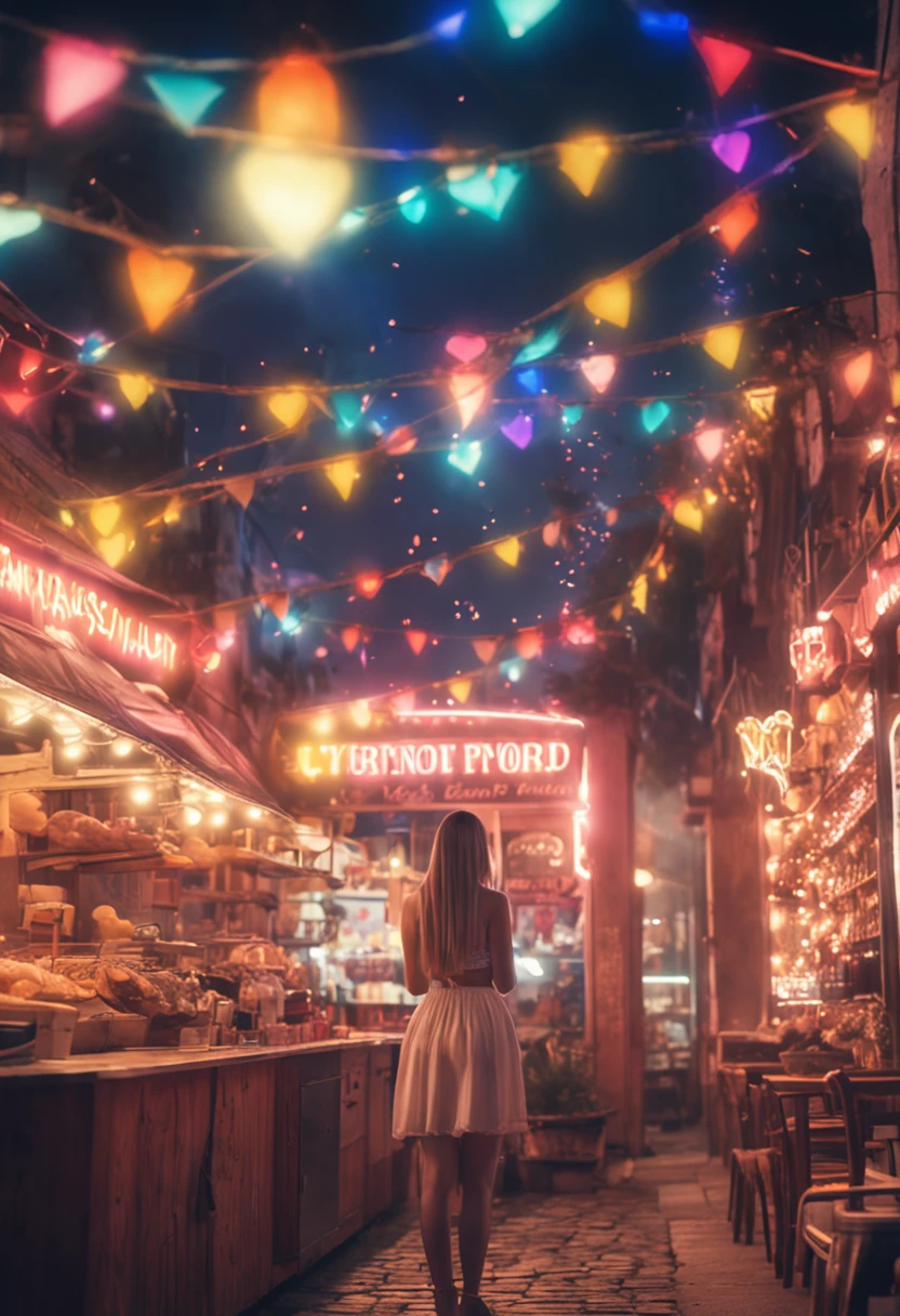 (masutepiece, Best quality, High quality, A high resolution:1.4), Extremely detailed, ambient soft lighting, 4K ultra HD ,In Greece，The night view was beautiful, A cute girl with blonde semi-long hair in a white and yellow miniskirt is transforming，At the same time draw a heart with a magic wand.
