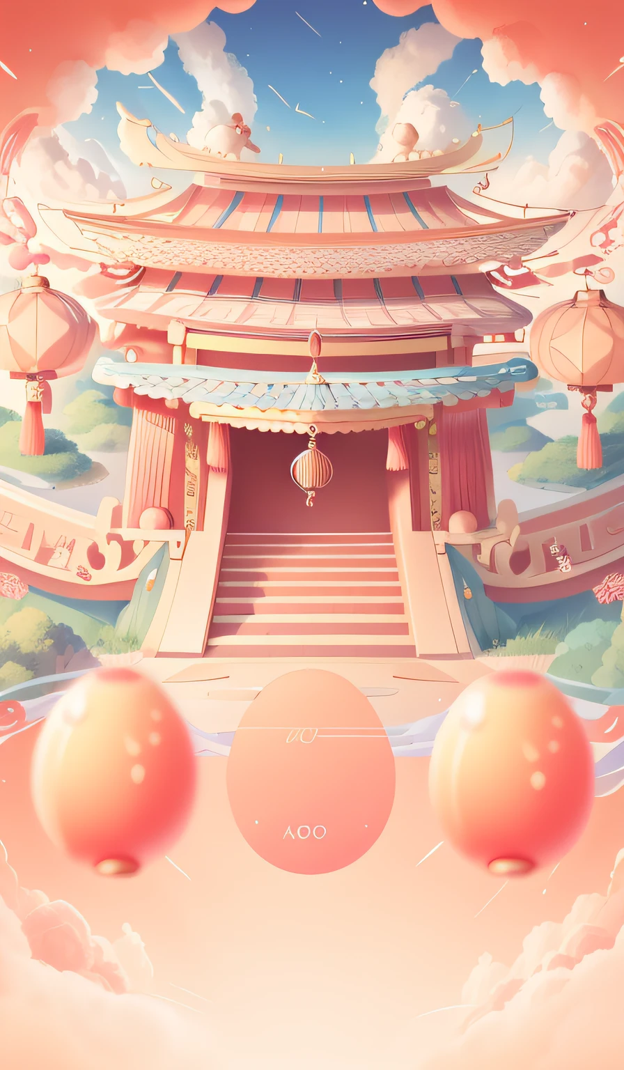 The red stage is in the middle,3 golden eggs,Surrounded by auspicious clouds,New Year atmosphere,The Gate of China,pillar,Background bokeh,ancient buildings of China,Lanterns,Greenery,blue-sky