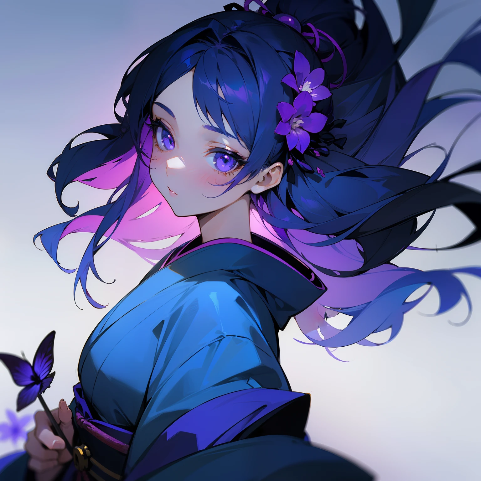 (Beautifully Aesthetic:1.2)、(1girl in:1.3)、(Purple and blue colorful hair:1.2)、Wearing purple and blue colorful kimono、Violet flowers、depths