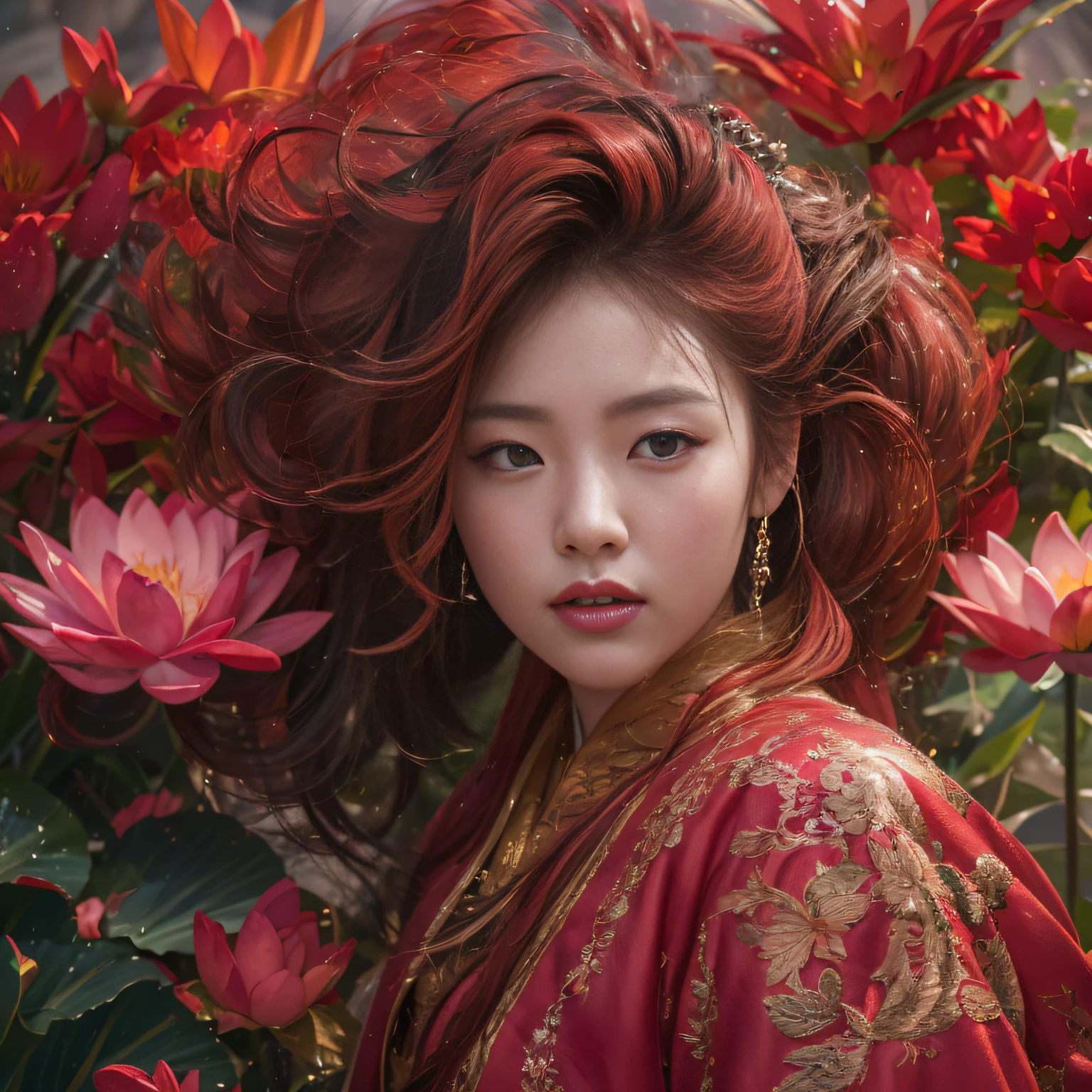 32K(tmasterpiece,k hd,hyper HD,32K)Large curls,Flowing rouge,ponds,zydink, a color, Asian people (Silly girl), (Silk scarf), Combat posture, looking at the ground, Large rolls of rouge, Flowing rouge curls, Crocodile leather tiara, Chinese long-sleeved clothing, (abstract ink splash:1.2), Pink lotus background,Water lily flower protector(realisticlying:1.4),Rouge hair,Autumn is in full swing,The background is pure, A high resolution, the detail, RAW photogr, Sharp Re, Nikon D850 Film Stock Photo by Jefferies Lee 4 Kodak Portra 400 Camera F1.6 shots, Rich colors, ultra-realistic vivid textures, Dramatic lighting, Unreal Engine Art Station Trend, cinestir 800,Large curls,Flowing rouge
