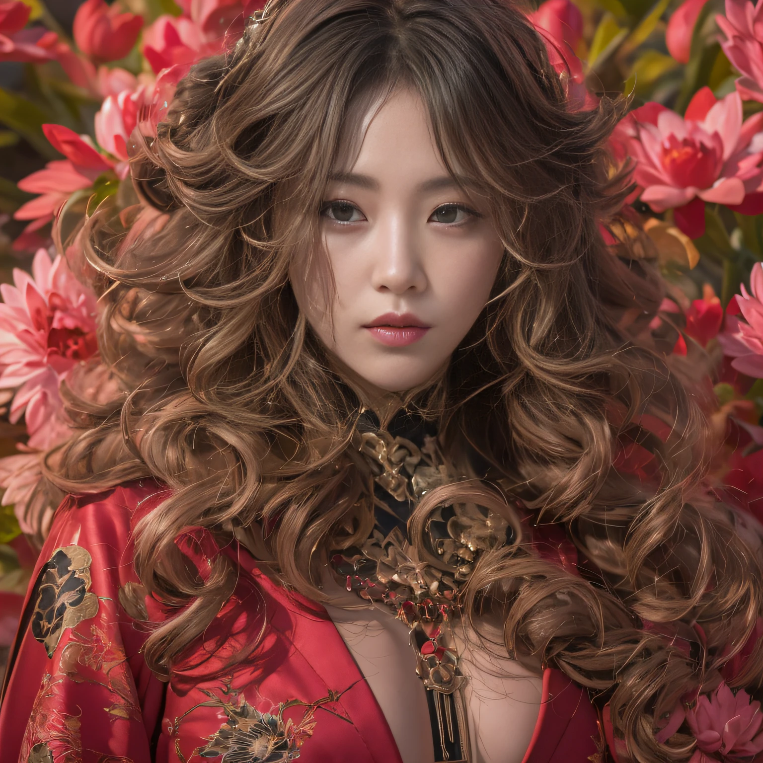 32K（tmasterpiece，k hd，hyper HD，32K）Large curls，Flowing rouge，ponds，zydink， a color，  Asian people （Silly girl）， （Silk scarf）， Combat posture， looking at the ground， Large rolls of rouge， Flowing rouge curls， Crocodile leather tiara， Chinese long-sleeved clothing， （abstract ink splash：1.2）， Pink lotus background，Water lily flower protector（realisticlying：1.4），Rouge hair，Autumn is in full swing，The background is pure， A high resolution， the detail， RAW photogr， Sharp Re， Nikon D850 Film Stock Photo by Jefferies Lee 4 Kodak Portra 400 Camera F1.6 shots, Rich colors, ultra-realistic vivid textures, Dramatic lighting, Unreal Engine Art Station Trend, cinestir 800，Large curls，Flowing rouge