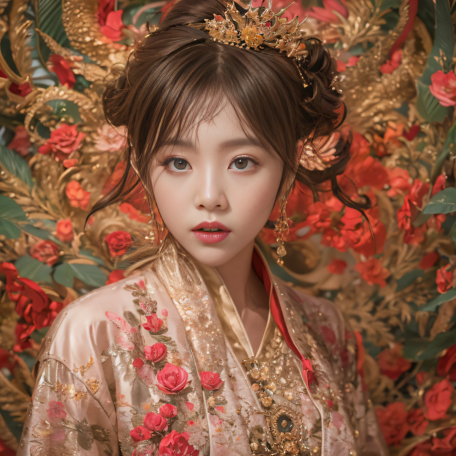 32K(tmasterpiece,k hd,hyper HD,32K)Large curls,Flowing rouge,ponds,zydink, a color, Asian people (Silly girl), (Silk scarf), Combat posture, looking at the ground, Large rolls of rouge, Flowing rouge curls, Crocodile leather tiara, Chinese long-sleeved clothing, (abstract ink splash:1.2), Pink lotus background,Water lily flower protector(realisticlying:1.4),Rouge hair,Autumn is in full swing,The background is pure, A high resolution, the detail, RAW photogr, Sharp Re, Nikon D850 Film Stock Photo by Jefferies Lee 4 Kodak Portra 400 Camera F1.6 shots, Rich colors, ultra-realistic vivid textures, Dramatic lighting, Unreal Engine Art Station Trend, cinestir 800,Large curls,Flowing rouge