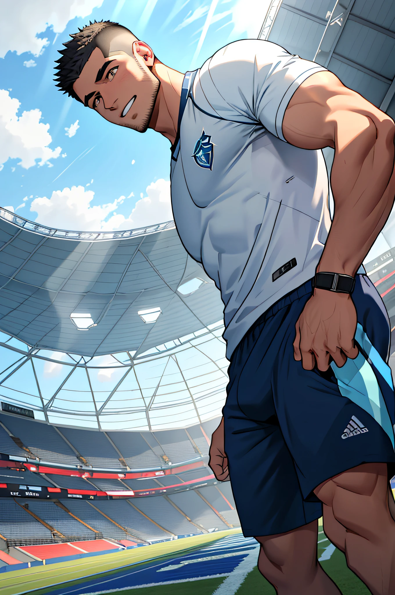 Draw a full-fledged athlete,Stand on the central field of the gym,He wears high-end sportswear,The man looks confident and determined,rays of sunshine,cheerful big breasts,Handsome,Crew cut,full bodyesbian,shooting from below,