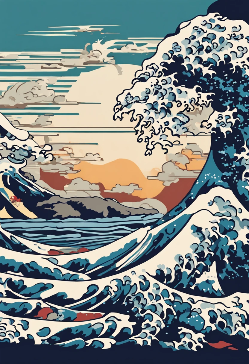 Repeat up, 、hokusai style, style of hokusai, ukiyoe painting,Mosaic is strong、Pixel art、Artistically、The Great Wave of Kamikawa