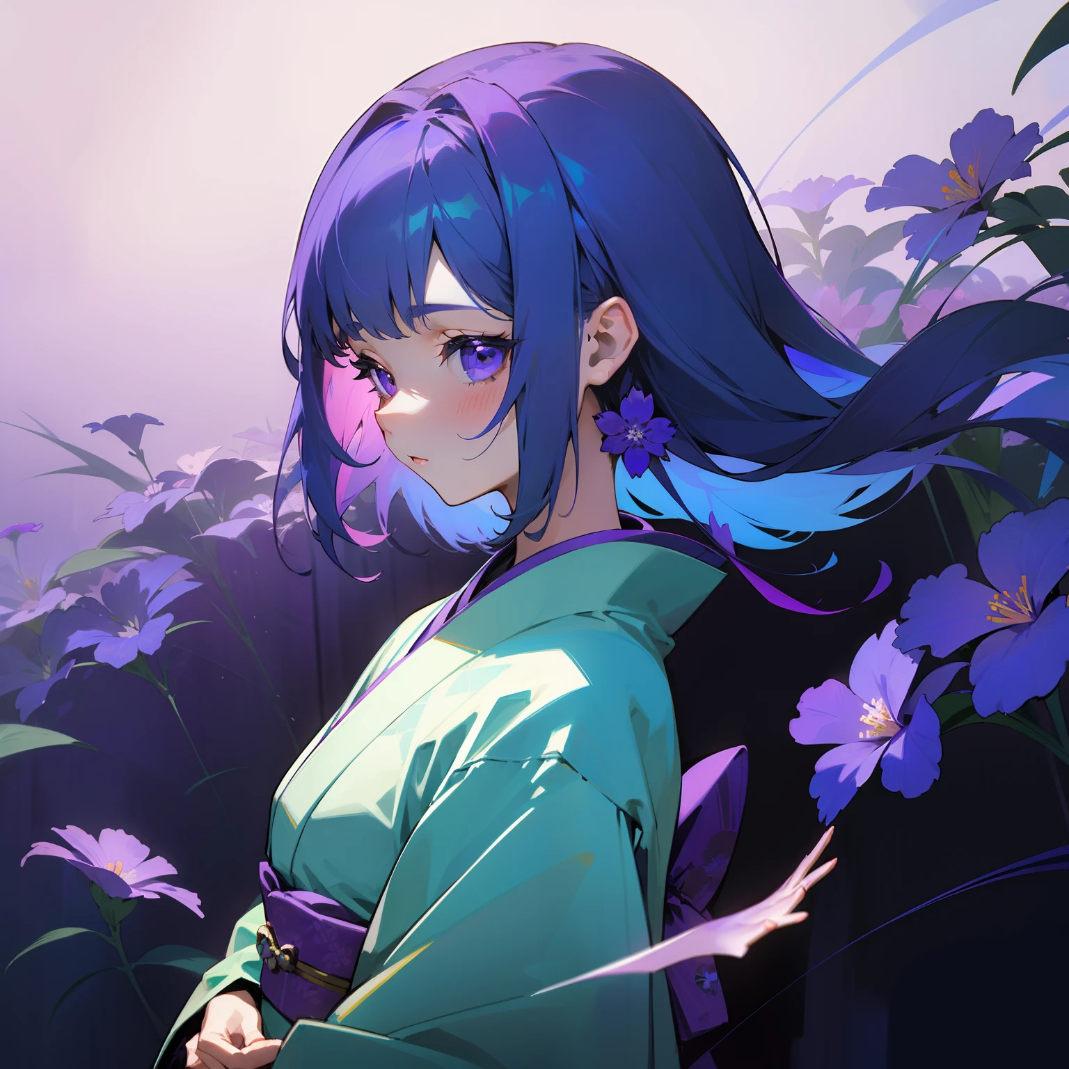 (Beautifully Aesthetic:1.2)、(1girl in:1.3)、(Purple and blue colorful hair:1.2)、Wearing purple and blue colorful kimono、Violet flowers、depths