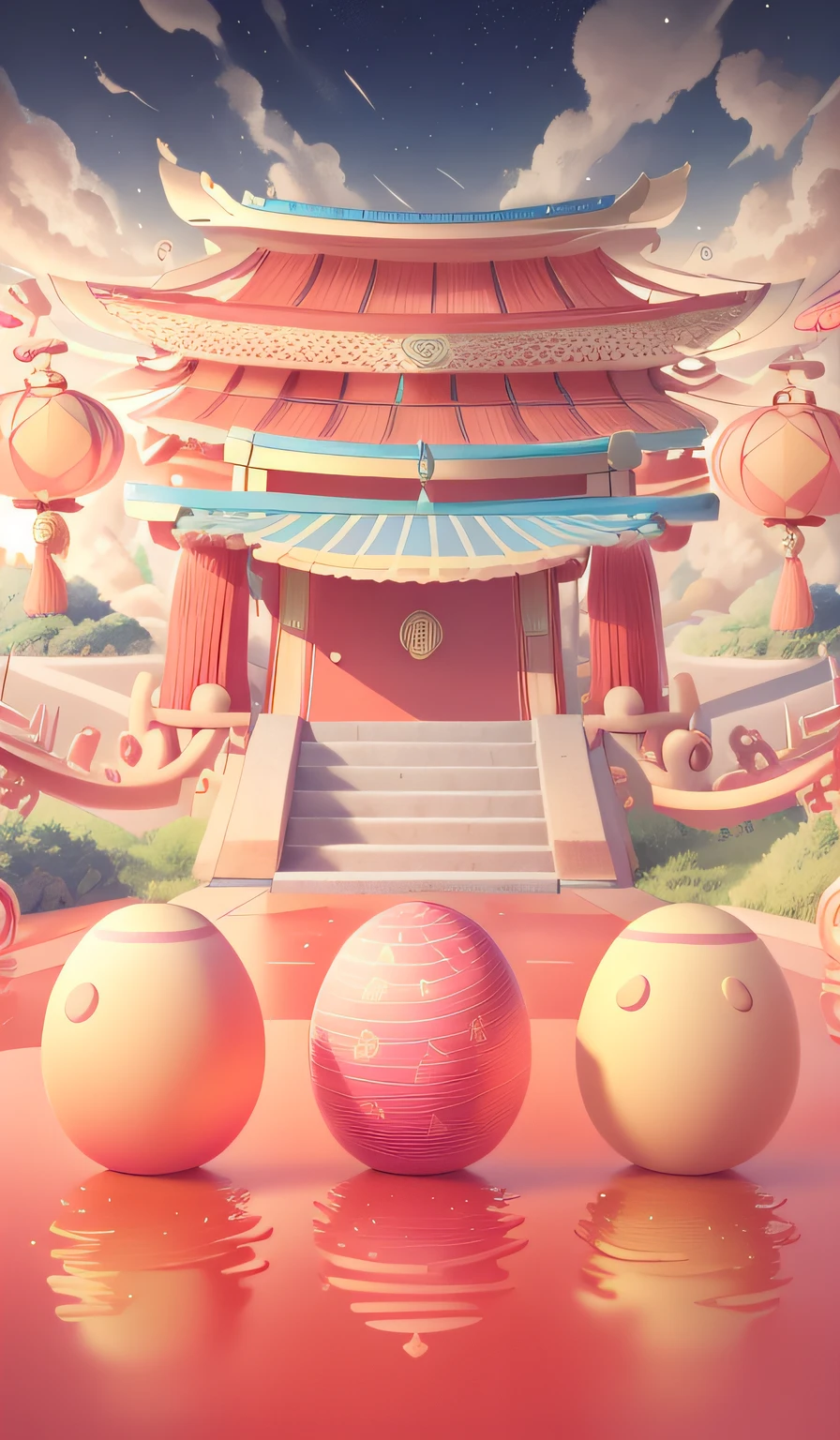 The red stage is in the middle,3 golden eggs,Surrounded by auspicious clouds,New Year atmosphere,The Gate of China,pillar,Background bokeh,ancient buildings of China,Lanterns,Greenery,blue-sky