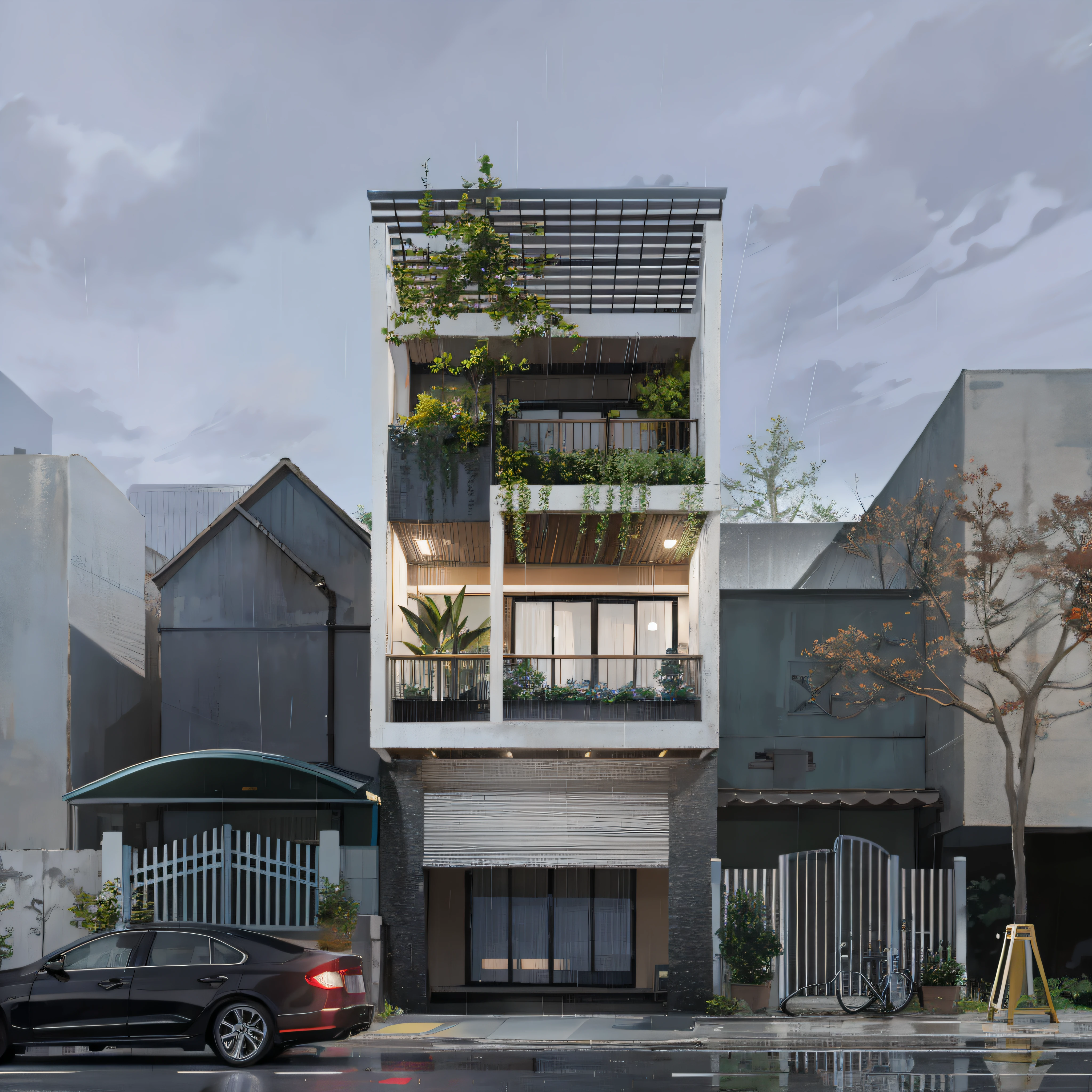 (3D:0.5,realistic:0.5,photorealistic:0.5),(absurdres,Super-resolution,masterpiece,best quality,finely detailed,absurdres:1.2), dramatic light, dramatic illumination, cinematic, anime scenery, makoto shinkai, ghibli, fantasy world, magical, beautiful sky, clouds, building, cars, dramatic lighting, cinematic lighting, rain, wet, rainy days, rainy, rain drop, crosswalks, cone, reflection, stop sign, arrow sign, Traffic sign