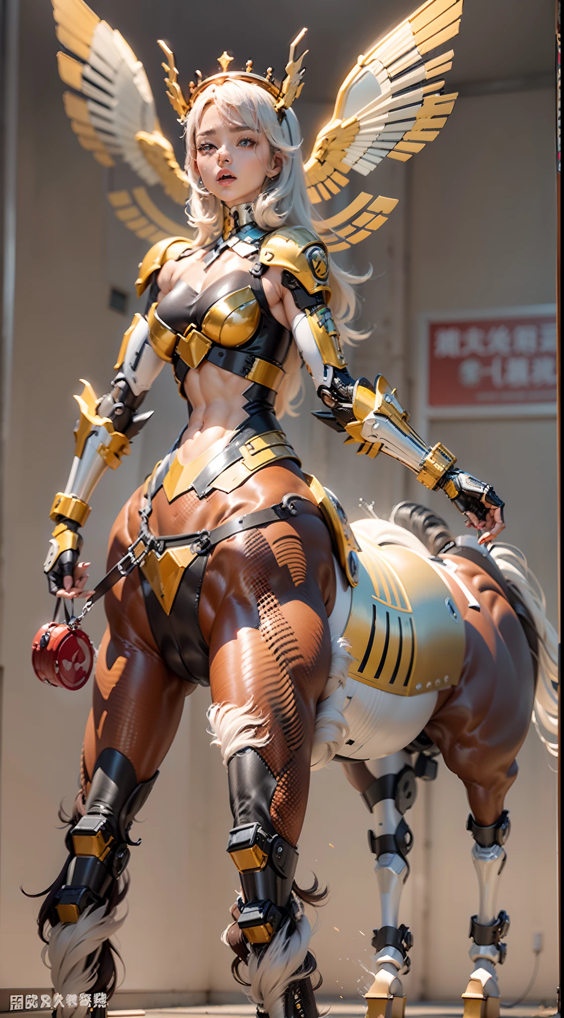 （A female centaur：1.5），She is both（Female: Centaur, half human, half horse, half horse, half horse：1.5），It is also a female Yingzhao。She blends both images，The first is：（（The head of the horse/neck/Shoulder these parts，Replaced with a beautiful female human upper body）：9.9），'s（Female, half-centaur, half-human, half-horse, half-human：1.5），The second is：（（The head of the horse/neck/lower back/hason/gluteal/Shijo Thigh Female Embodiment）：9.9），'s（Seamless chimera of a female half-horse with a beauty：9.9），（It's like a chimera of a female human and a half-horse costume：9.9），This chimerism is based on a strong future（Technologie：1.5）above。The ultra-wide-angle lens captures the image of her beautiful and ethereal wings on the ionosphere launching a super-high-speed charge and leaping。Her front half is distinctly feminine，Tall sexy body，possessed（K cup giant coconut tit chest：9.9），Has（Narrowed small brute waist 5.5）、Butterfly cross、（Long legs：9.9），The embedded interface of the bent female metamorphosis part of the back half of the body is at the hip position of the front half of the body。（The horse-shaped, half-horse torso form of her back body is completely female humanization9.9）。Translucent fluid flowing from the（Narrowed sternum 5.5）The upper end begins to embed the chest cavity of a woman in the shape of a bent dog style at the back of the beautiful woman's body/lower back/Ventral transverse。Then there are the sexy beauty's upright hips，（Her entire body has been completely female and replaced by a female body：9.9），Including the half-horse part。Mechanized armor covers the legs with knee-shaped anti-joints and feet，And these parts are highly anthropomorphic，This makes her legs graceful and slender，Her four horse legs exploded in length proportions and was slender and toned，Under the legs are skinny white feet dressed in Skyscraper Heels，Use Midjourney's advanced stroke tools and color palettes, as well as texture packs, model packs, and texture tools，Concentration，Include