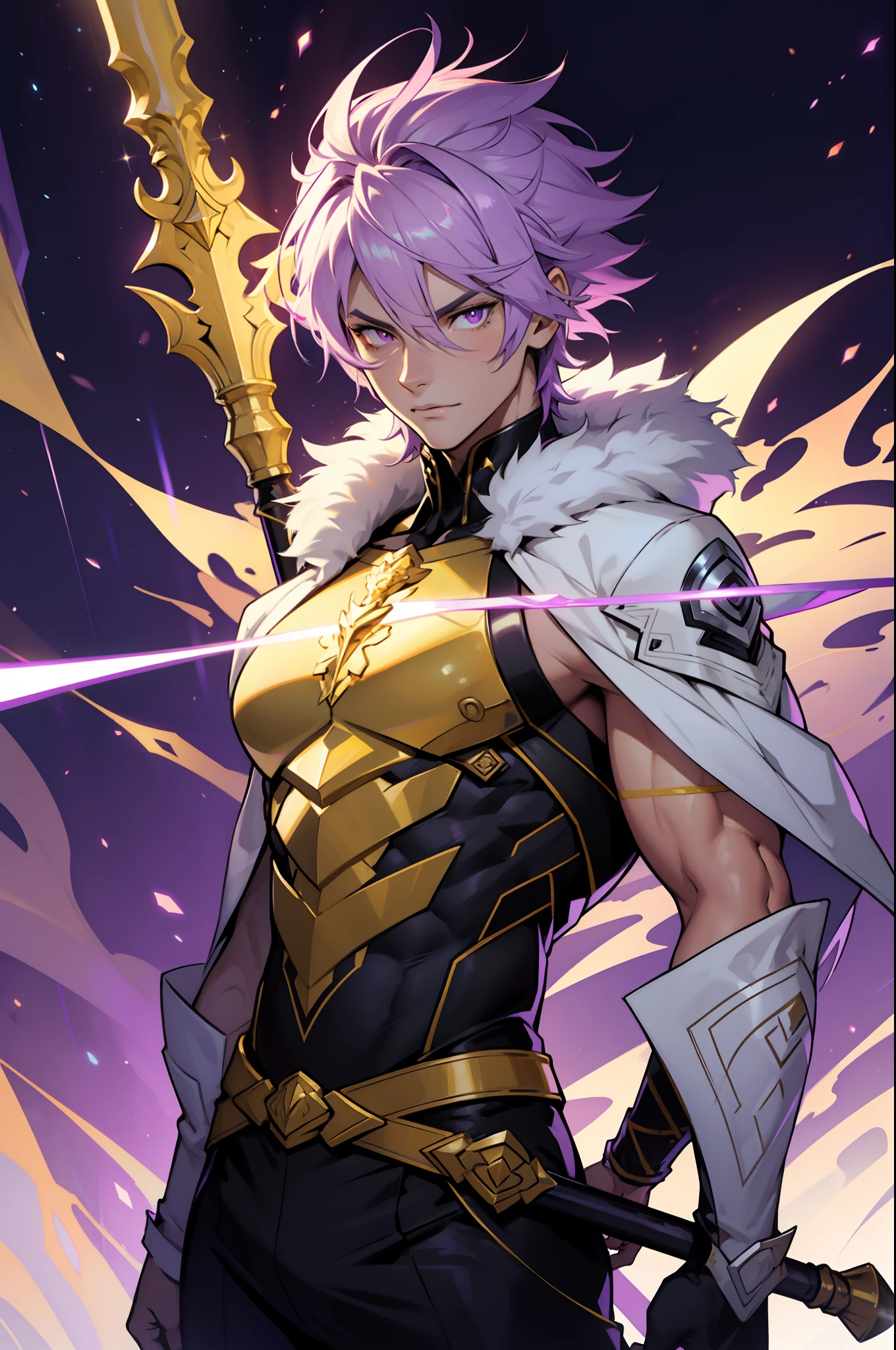 1 handsome guy， Strong， Light purple hair，Purple pupils，ultra - detailed， （s fractal art：1.4）， rich colourful， detailed back ground，（Fractals in the background：1.2），asymmetrical，Animal fur，hight contrast， Ray traching， cinmatic lighting， （Start from the front：0.6）yellow lightning，Yellow glowing spear weapon，alchemic