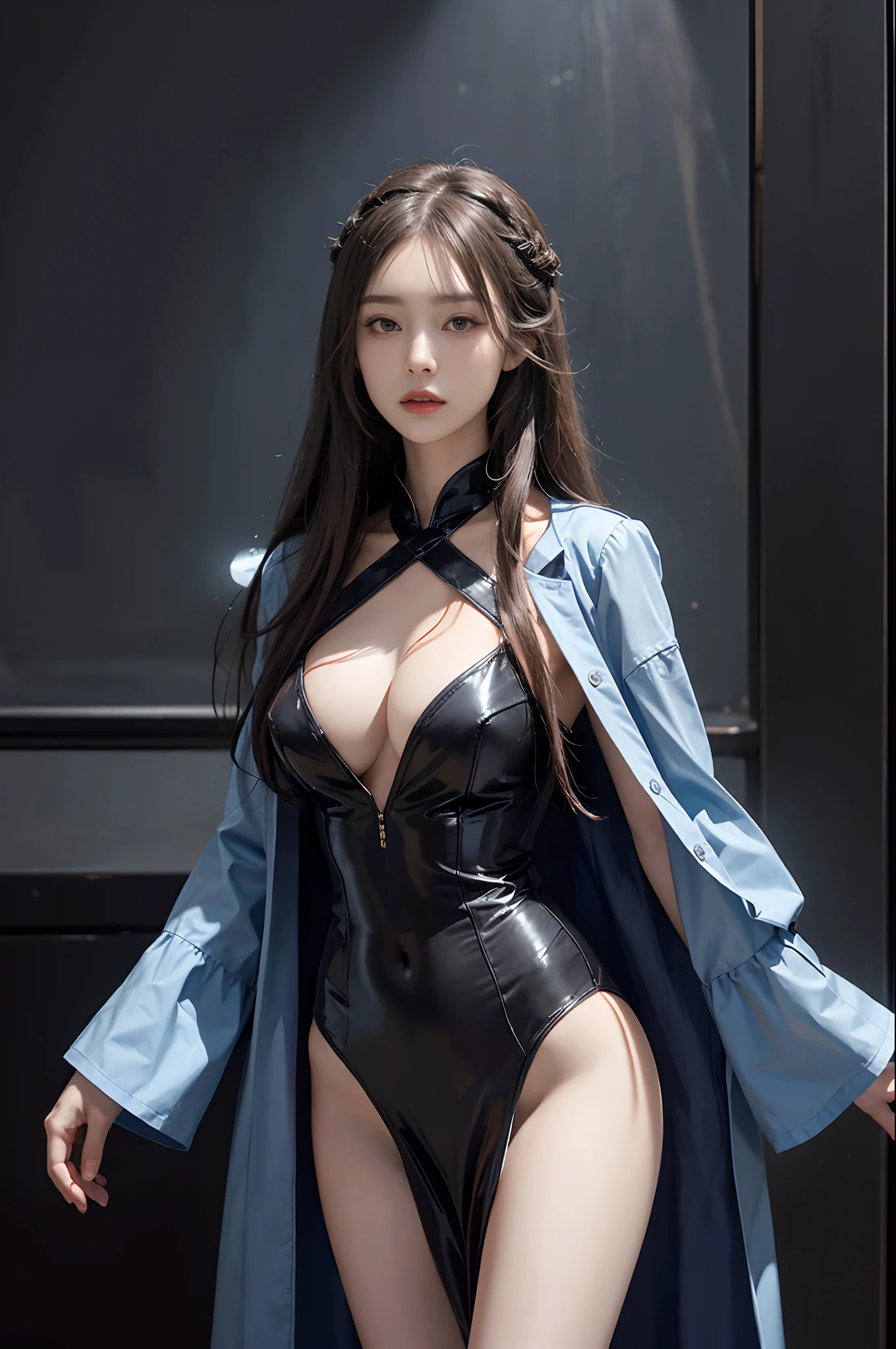 (in the darkness nigth:1.6),Surrealist portraits of women by David Hockney and Alphonse Mucha,Fantasyart,photographrealistic,动态照明,art stations,poster for,Volumetriclighting,Very detailed faces,8 k'',Award-Awarded,,1girll,In the dark,deepshadow,low tune,cowboy lens,(flightattendantuniform:1.4),long whitr hair,whaite hair,A half body,Terminal,Bigchest,high qulity,k hd,