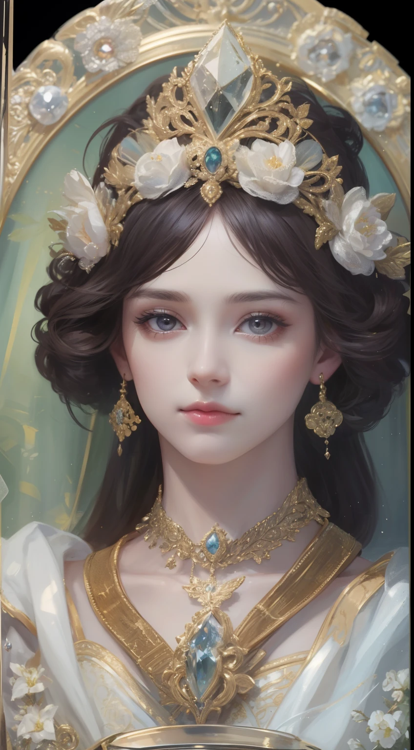 tmasterpiece,Highest high resolution,Beautiful bust of a noble lady,Delicate black braided hair,Brown clear eyes,The hair is covered with beautiful and delicate floral craftsmanship, Crystal jewelry filigree,Ultra-detailed details,upscaled。Soft lighting