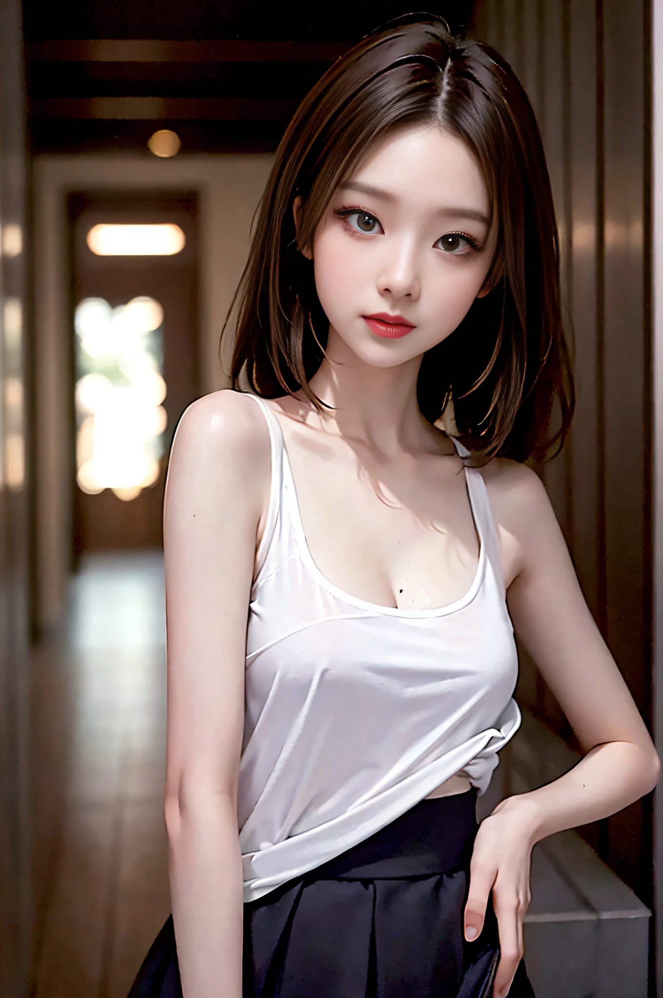 Top image quality、Raw photography、超A high resolution、An 18-year-old woman、Shooting for one person only、modelshoot、big round chest、cleavage of the breast、tshirts、Wearing a black skirt、Beautiful Eyes of Details、very elongated eyes、Beautiful eyelashes、Beautiful double eyelids、Black walls、very slender legs、Shorthair with light brown hair、very slender physique、Very small buttocks