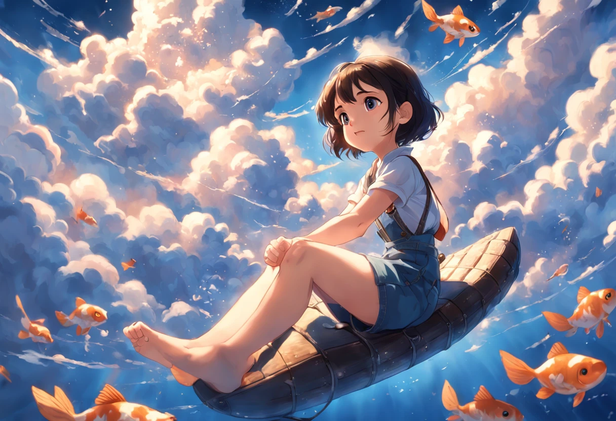 movie picture quality，Disney animation，Disney animated films， girl sitting on a koi flying in the clouds of the sky，Thick clouds，Short hair and small braids，Denim suspenders，The barefoot，depth of fields，high light，Real light，Ray traching，oc rendered，Hyper-realistic，best qualtiy，8K，Works of masters，super-fine，Detailed pubic hair，Correct anatomy，sharp focus on eyes，Bokeh，Facial features are carefully depicted