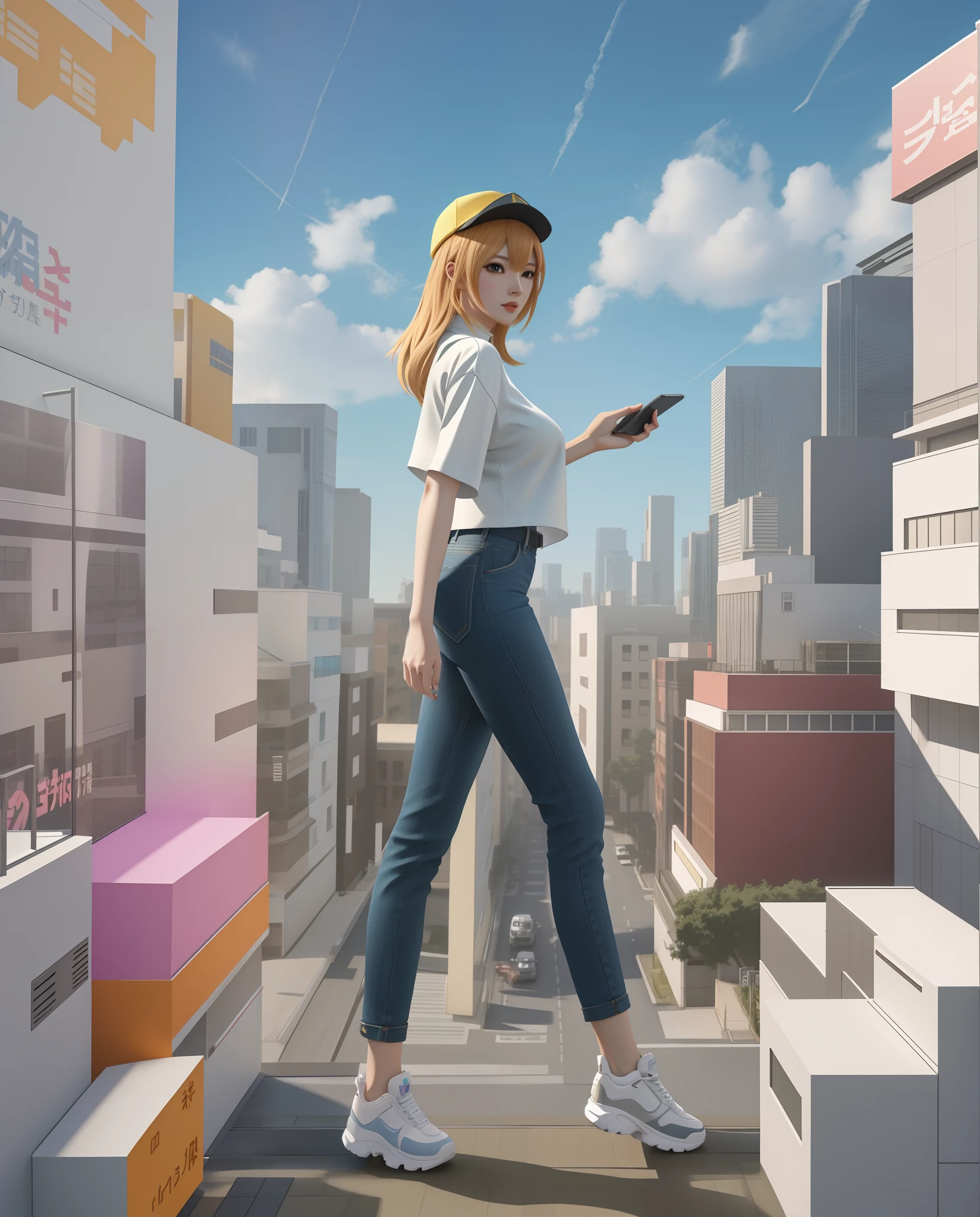 Anime characters walk through cities with many buildings, promotional render, tokio futuristic in background, Realistic anime 3 D style, pop japonisme 3 d ultra detailed, highly detailed giantess shot, Woman holding cell phone in her hand,Calling,anime styled 3d, animation style render, walking on top of a tiny city, 3D illustration, 3 D 插图, stylized as a 3d render