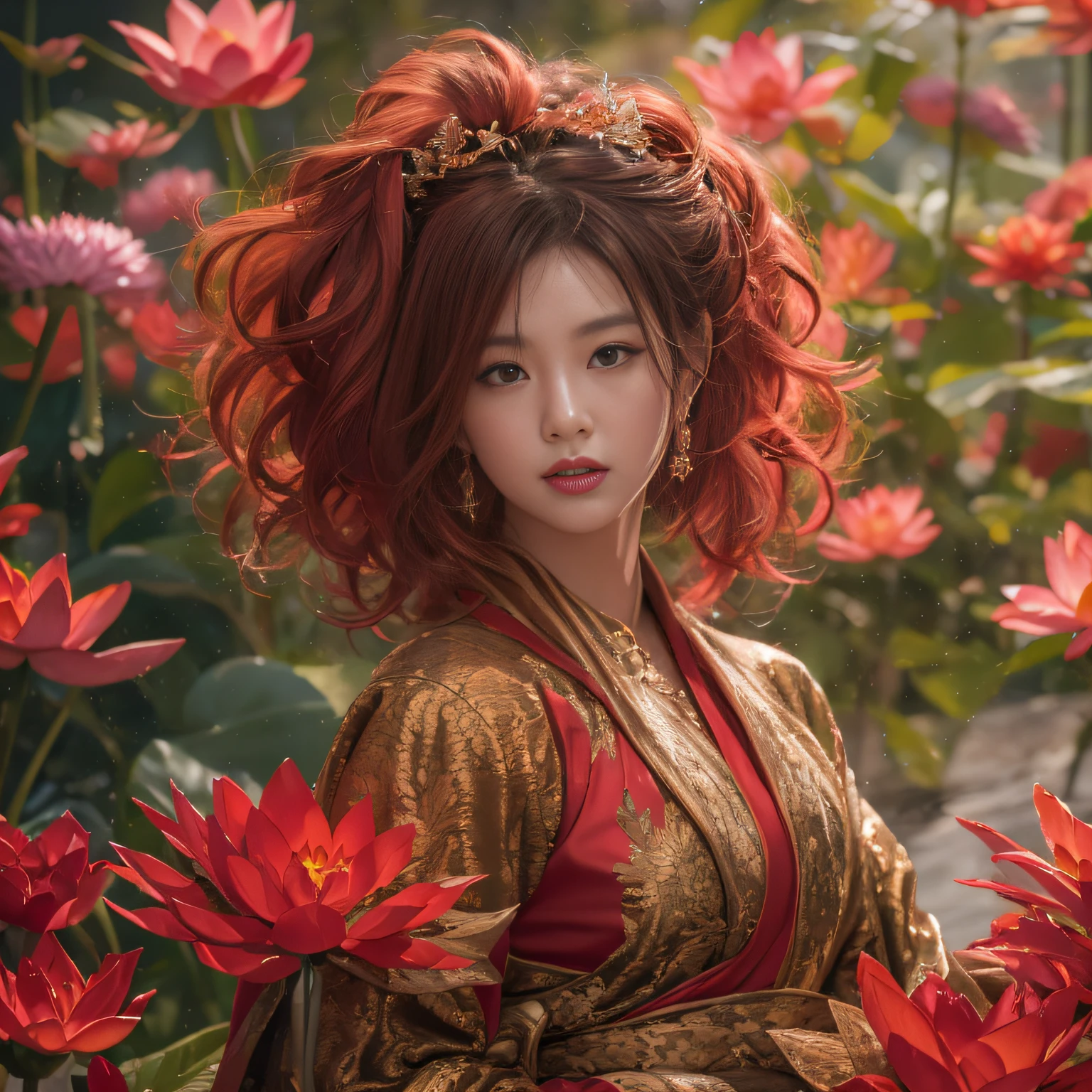 32K(tmasterpiece,k hd,hyper HD,32K)Large curls,Flowing rouge,ponds,zydink, a color, Asian people (Silly girl), (Silk scarf), Combat posture, looking at the ground, Large rolls of rouge, Flowing rouge curls, Crocodile leather tiara, Chinese long-sleeved clothing, (abstract ink splash:1.2), Pink lotus background,Water lily flower protector(realisticlying:1.4),Rouge hair,Autumn is in full swing,The background is pure, A high resolution, the detail, RAW photogr, Sharp Re, Nikon D850 Film Stock Photo by Jefferies Lee 4 Kodak Portra 400 Camera F1.6 shots, Rich colors, ultra-realistic vivid textures, Dramatic lighting, Unreal Engine Art Station Trend, cinestir 800,Large curls,Flowing rouge