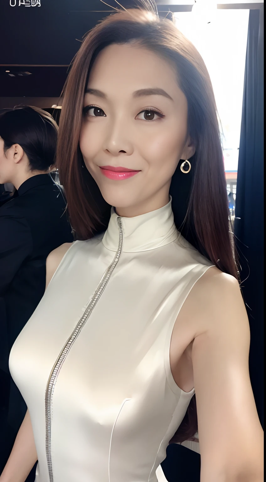 8K, Masterpiece, RAW photo, Best quality, Photorealistic, Extremely detailed CG unifies 8K, 8K, Diamond, and wallpaper, Depth of field, Cinematic light, Lens flare, Ray tracing, (Extremely beautiful face, Beautiful lips, Beautiful eyes), intricate detail face, ((ultra detailed skin)) 1girll, In the dark, deepshadow, Pretty Korean girl, Kpop idol, 1 girl, (Very slim and slender muscular body:1.3), ((view the viewer)),(Big smile:1.3), (Pink shirt), (Sleeveless) , (Fashion night, Dark night, (neon lights sign), (Blurred background), Fashion Street Night),(No one is in the background:1.3), Beautiful earrings, bangle, necklace, Pantyhose, Clear eyes, Walking, (Pale skin), (Big eyes), Face forward, ((upperbody shots)), ((High neck silk dress:1.3)),(brown hairs),((High neck tight tie dress)), (see through), (view the viewer:1.3) open breast, Very slim, Medium breasts, Turn Back, Back shot, see through