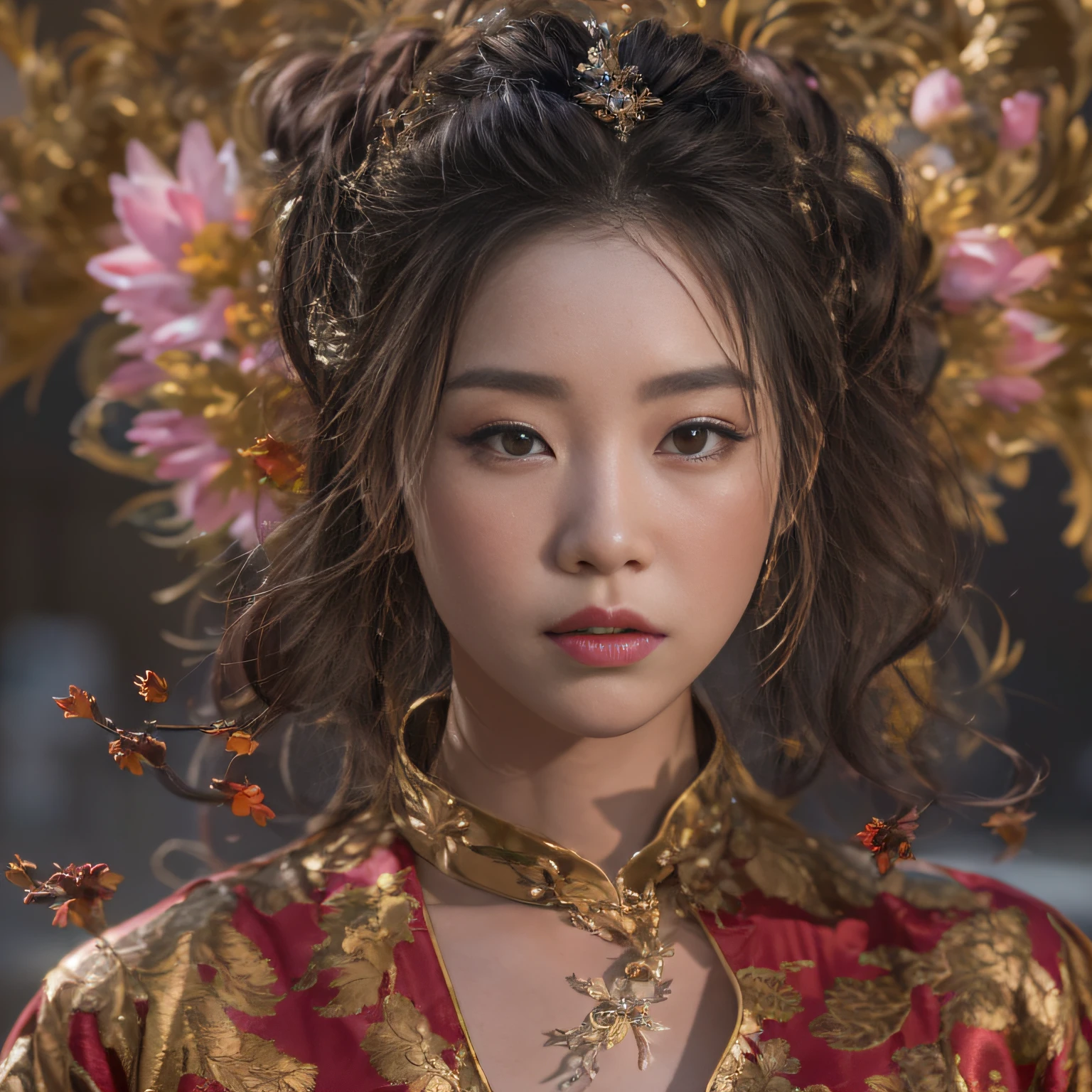 32K（tmasterpiece，k hd，hyper HD，32K）Large curls，Flowing rouge，ponds，zydink， a color，  Asian people （Silly girl）， （Silk scarf）， Combat posture， looking at the ground， Large rolls of rouge， Flowing rouge curls， Crocodile leather tiara， Chinese long-sleeved clothing， （abstract ink splash：1.2）， Pink lotus background，Water lily flower protector（realisticlying：1.4），Rouge hair，Autumn is in full swing，The background is pure， A high resolution， the detail， RAW photogr， Sharp Re， Nikon D850 Film Stock Photo by Jefferies Lee 4 Kodak Portra 400 Camera F1.6 shots, Rich colors, ultra-realistic vivid textures, Dramatic lighting, Unreal Engine Art Station Trend, cinestir 800，Large curls，Flowing rouge
