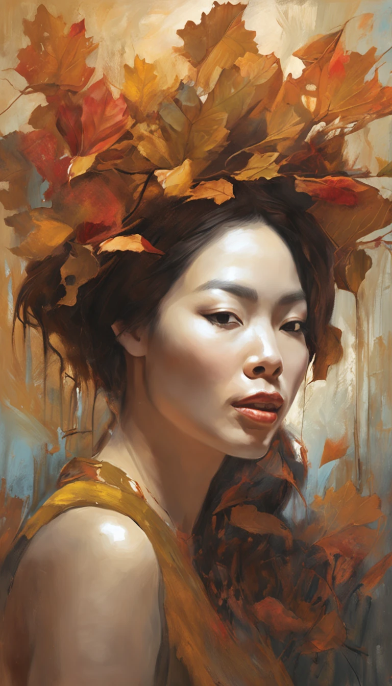 White face and white head，Asian woman holding microphone singing，Autumn leaves， beautiful fantasy portrait, beautiful fantasy art portrait, Beautiful surreal portrait, fantasy portrait, fantasy art portrait, detailed matte fantasy portrait, portrait of a dark fantasy nymph, Asian goddess, Beautiful digital artwork, gorgeous digital art,Background dream black surreal beautiful young woman, Fantasy art Behance，Cinematic light and shadow，k hd
