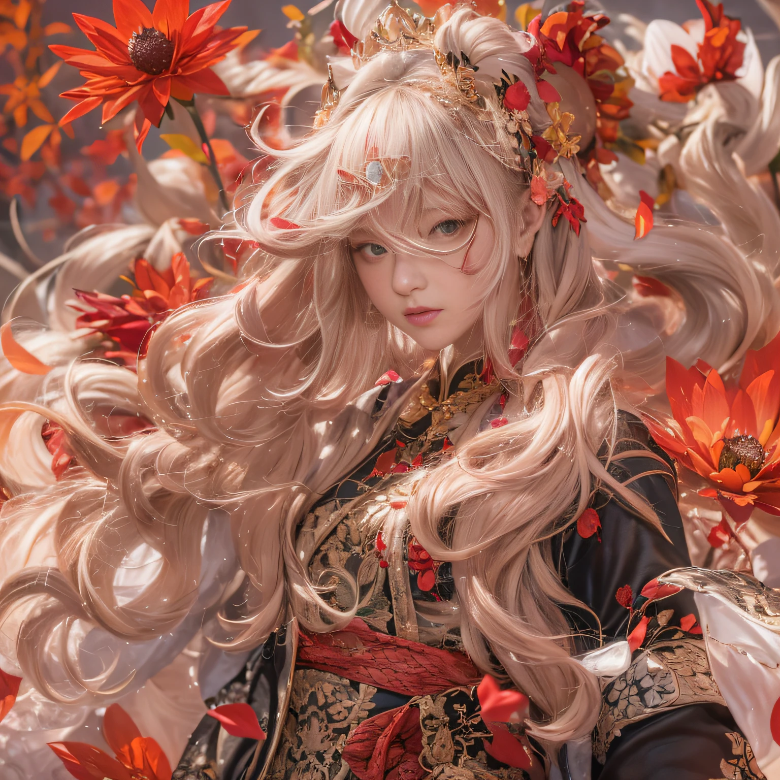 32K(tmasterpiece,k hd,hyper HD,32K)Large curls,Flowing rouge,ponds,zydink, a color, Asian people (Silly girl), (Silk scarf), Combat posture, looking at the ground, Large rolls of rouge, Flowing rouge curls, Crocodile leather tiara, Chinese long-sleeved clothing, (abstract ink splash:1.2), Pink lotus background,Water lily flower protector(realisticlying:1.4),Rouge hair,Autumn is in full swing,The background is pure, A high resolution, the detail, RAW photogr, Sharp Re, Nikon D850 Film Stock Photo by Jefferies Lee 4 Kodak Portra 400 Camera F1.6 shots, Rich colors, ultra-realistic vivid textures, Dramatic lighting, Unreal Engine Art Station Trend, cinestir 800,Large curls,Flowing rouge
