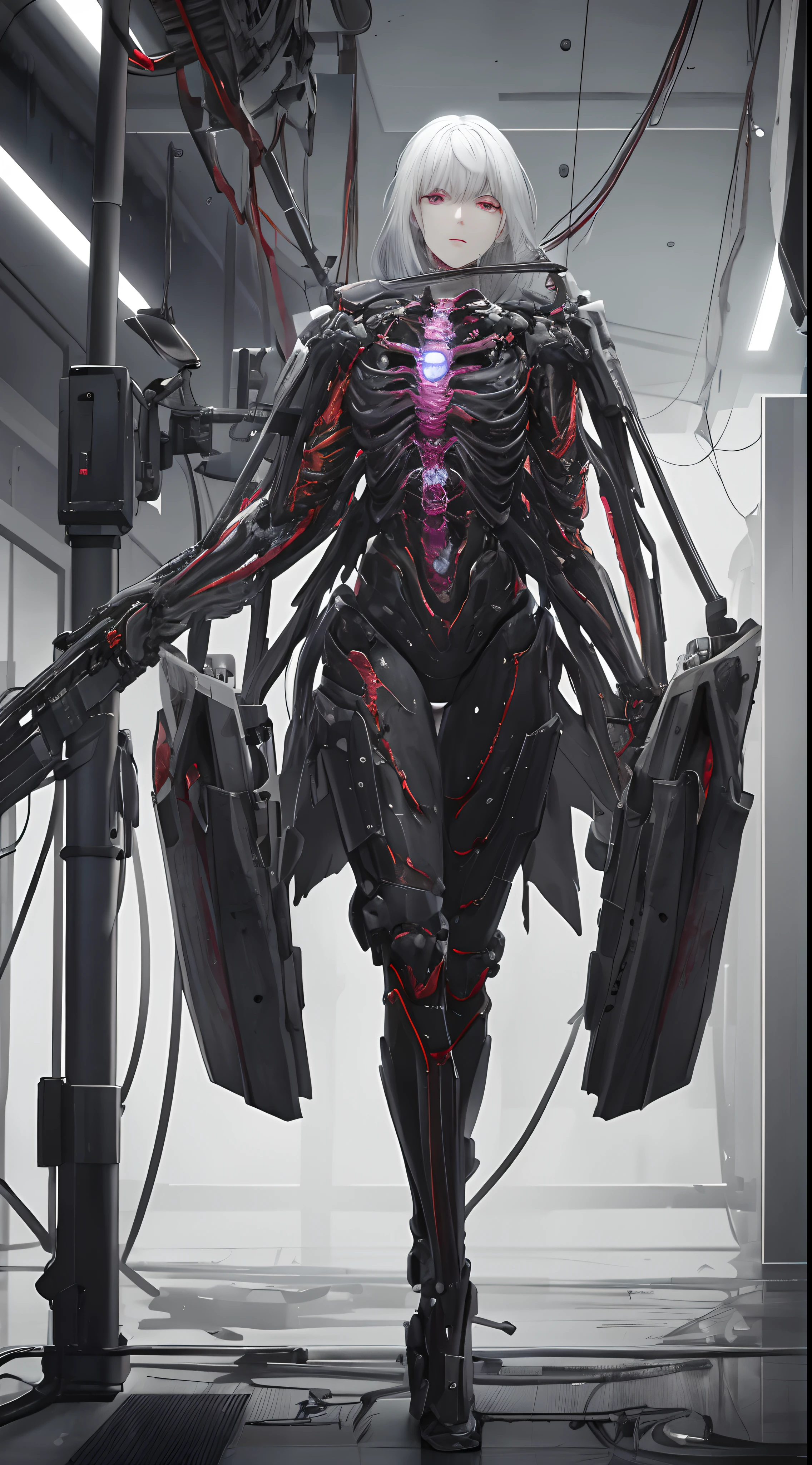 Full body like，1机械女孩，Ex Machina，photore，sensual female，Splashed hair，（（hyper realistic detailed）），detailed face with，globalillumination，shadowing，rendering by octane，8K，Super sharp，metals，复杂，Decorations detailed，cool colours，egypician detail，highly intricate detail，realistic raytraicing，trend in CGSociety，glowing light eyes，facing at the camera，neon light detail，Mechanical limbs，blood vessels attached to the tube，Mechanical submeter mounted on the neck，wires and cables connecting to head，Blood，Killing machines，combat state，（（（tmasterpiece））），Full body like， （（best qualtiy））， （super detailing）， （CG illustration）， （Very evil and beautiful））， cinematric light， （（1 mechanical girl））， slips， （Mechanical art： 1.4）， （（Mechanical limb））， （Blood vessel attached to tube）， （（The mechanical spine is attached to the back））， （（The mechanical cervical vertebrae are attached to the neck）， （facing away from the audience））， face expressionless， （ wires and cables attached to head and body： 1.5）， scientific fiction， apocalytic， 废墟， （lower body integrated with mechanical devices）， （bloods： 1.5）， brutality， hoang lap， ， fusion with machines， Doomsday time， Super Future， inorganic， Lab Room， restraind， （Beautiful indulgence： 1.2）， （1 rapariga： 1.3），Bursting blood vessels，blood splattere， body wrapped around mechanical tentacles，The steel pipe is forked out of the mouth！combat state，falling from sky，The action of landing，Swing a dagger and assassinate，Killing machines，