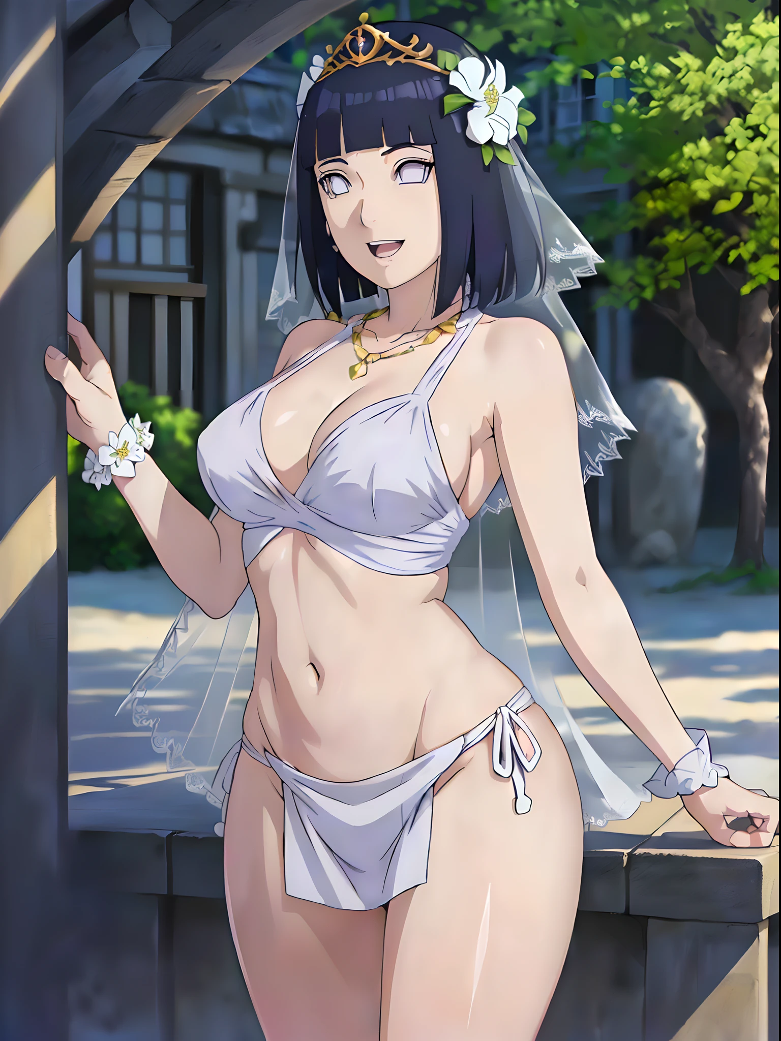 (WALLPAPER, (hinata\(boruto\), masterpiece, 4k, whole body shot, contrast lighting, mature female, milf, (curvy:0.8), solo, anime style, sharp focus, professional artwork, intricate details, detailed beach background, colorful, vibrant colors, vivid colors, digital blending, ultra detailed body, ultra detail hair, ultra detail face, trending on pixiv, very hot colors, sunny day, outdoor, detailed bold arm lines, high color saturation, bold lines, bold drawing lines),
(standing, open mouth, kind smile, extremely happy, leaning to wall),
((dark blue hair color:1.1), wavy hair, ((short hair, hime cut)),
(perfect eyes, white sciera, white eyes, anime eyes, smoky eyeliner, eyeshadow)
(white skin, slender body, milf, navel, groin, flat belly, perfect face, perfect thighs),
(Thighs, legs, big breasts, perky boobs, off-shoulders, (flat belly, groin, detailed shoulders),
(bare chest, bare shoulders, bare hands, bare legs),
(all cloth is white, white dress, wedding veil, white flower wedding tiara, gold necklace)