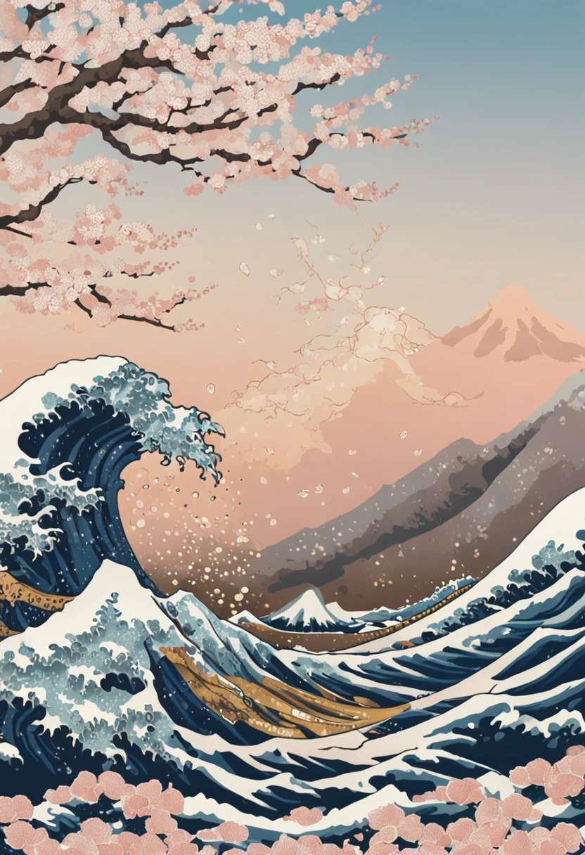 Repeat up, 、hokusai style, style of hokusai, ukiyoe painting,Mosaic is strong、Pixel art、Artistically、The Great Wave of Kamikawa