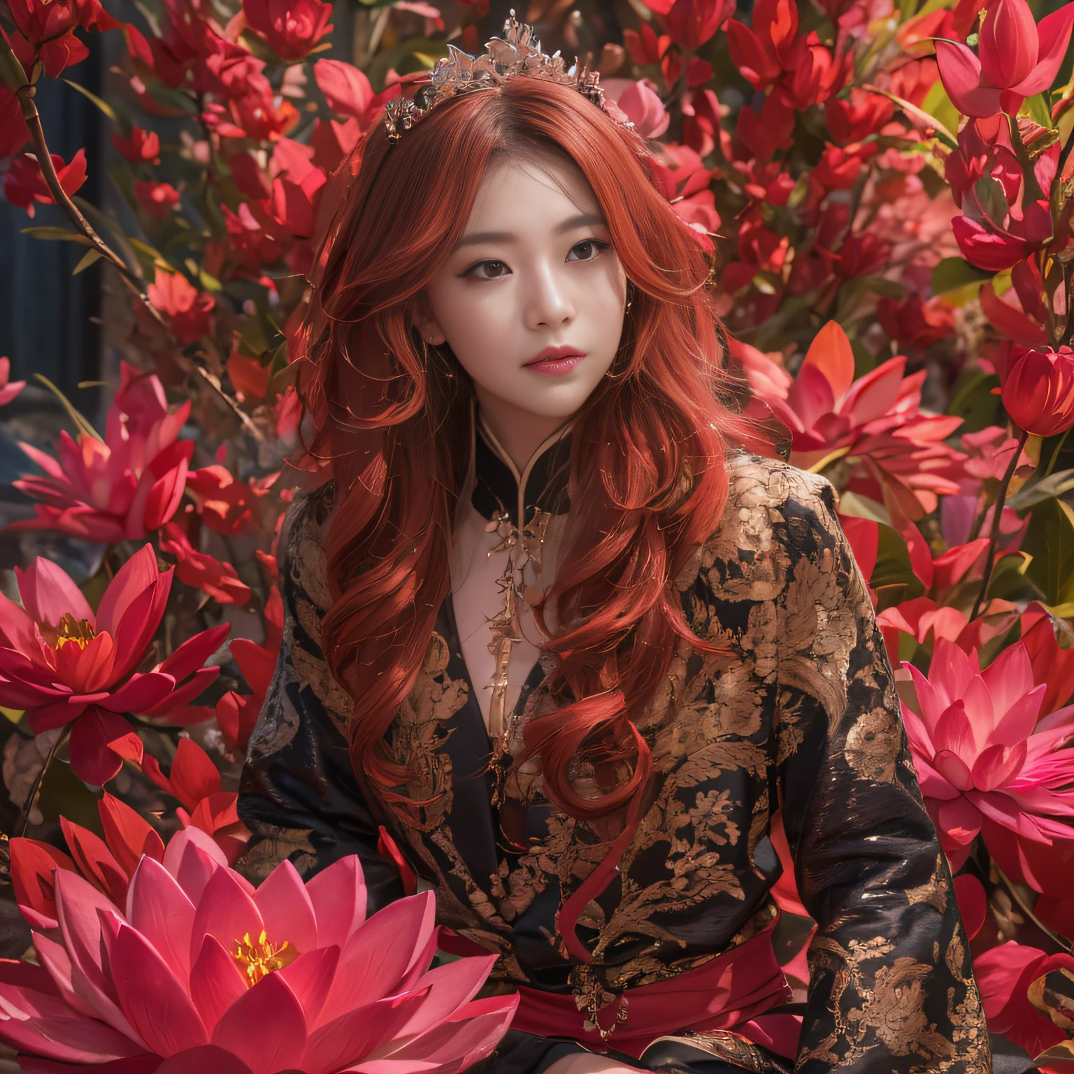 32K（tmasterpiece，k hd，hyper HD，32K）Large curls，Flowing rouge，ponds，zydink， a color，  Asian people （Silly girl）， （Silk scarf）， Combat posture， looking at the ground， Large rolls of rouge， Flowing rouge curls， Crocodile leather tiara， Chinese long-sleeved clothing， （abstract ink splash：1.2）， Pink lotus background，Water lily flower protector（realisticlying：1.4），Rouge hair，Autumn is in full swing，The background is pure， A high resolution， the detail， RAW photogr， Sharp Re， Nikon D850 Film Stock Photo by Jefferies Lee 4 Kodak Portra 400 Camera F1.6 shots, Rich colors, ultra-realistic vivid textures, Dramatic lighting, Unreal Engine Art Station Trend, cinestir 800，Large curls，Flowing rouge