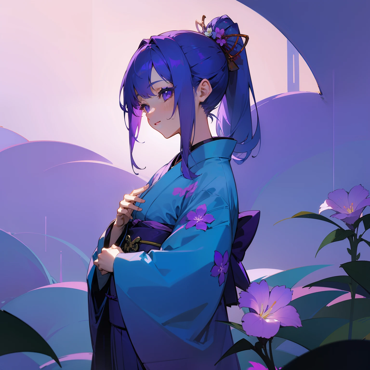 (Beautifully Aesthetic:1.2)、(1girl in:1.3)、(Purple and blue colorful hair:1.2)、Wearing a colorful kimono、Violet flowers、Fantastical、happiness