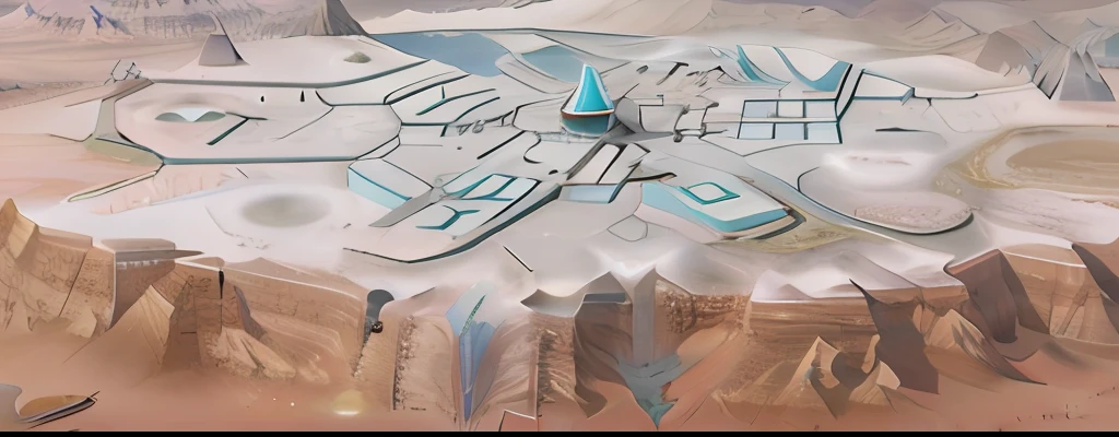 aerial photography, Martian Base, Terraformation crater Lake, Industrial futuristic ice mine, Hexagonal planetary space base, Mars City, Colony on Mars, Martian City, Martian colony, Game map matte painting, concept illustration, Bridget Barragher, by Anna Füssli, Buddhist monastery on Mars