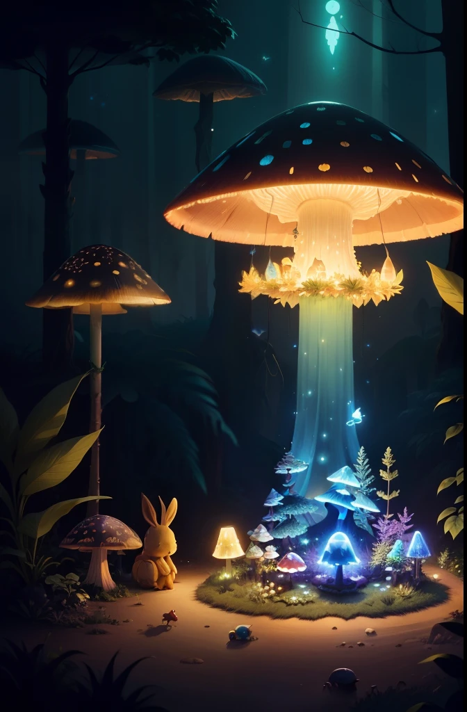 Under the giant mushroom forest at night，A little crystal blue rabbit chats with a golden beetle，It is surrounded by various luminous plants and fireflies