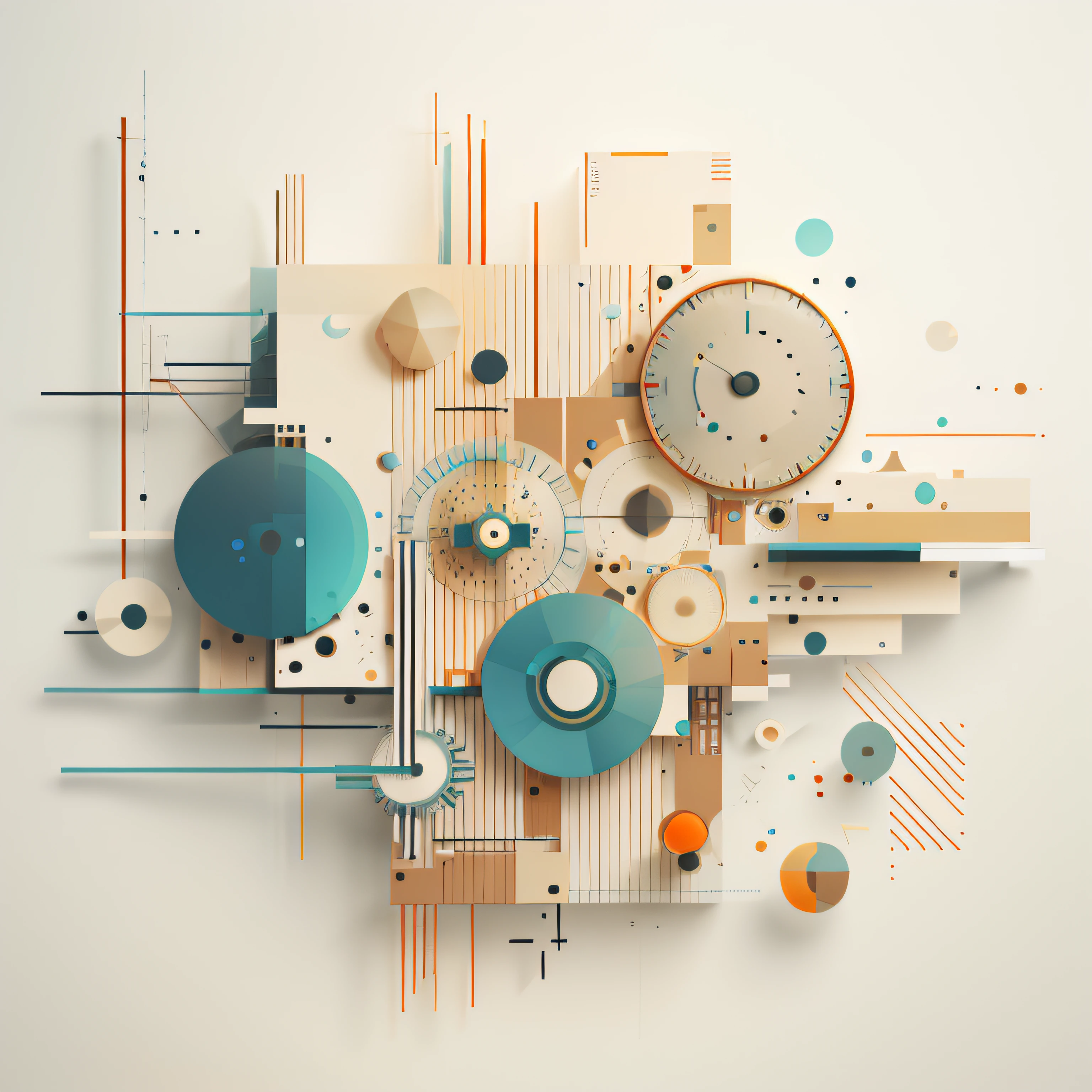 There is a geometric clock on the wall, 3d abstract render overlayed, Organic mechanical shape, abstract tech, author:Yanos Nagy Balog, abstract geometric concept, abstract 3d rendering, inspired by Bauhaus, author:Hans Schwarz, 3d geometric abstract art, retro futuristic illustration, abstract conceptual, geometric futuristic cityscape